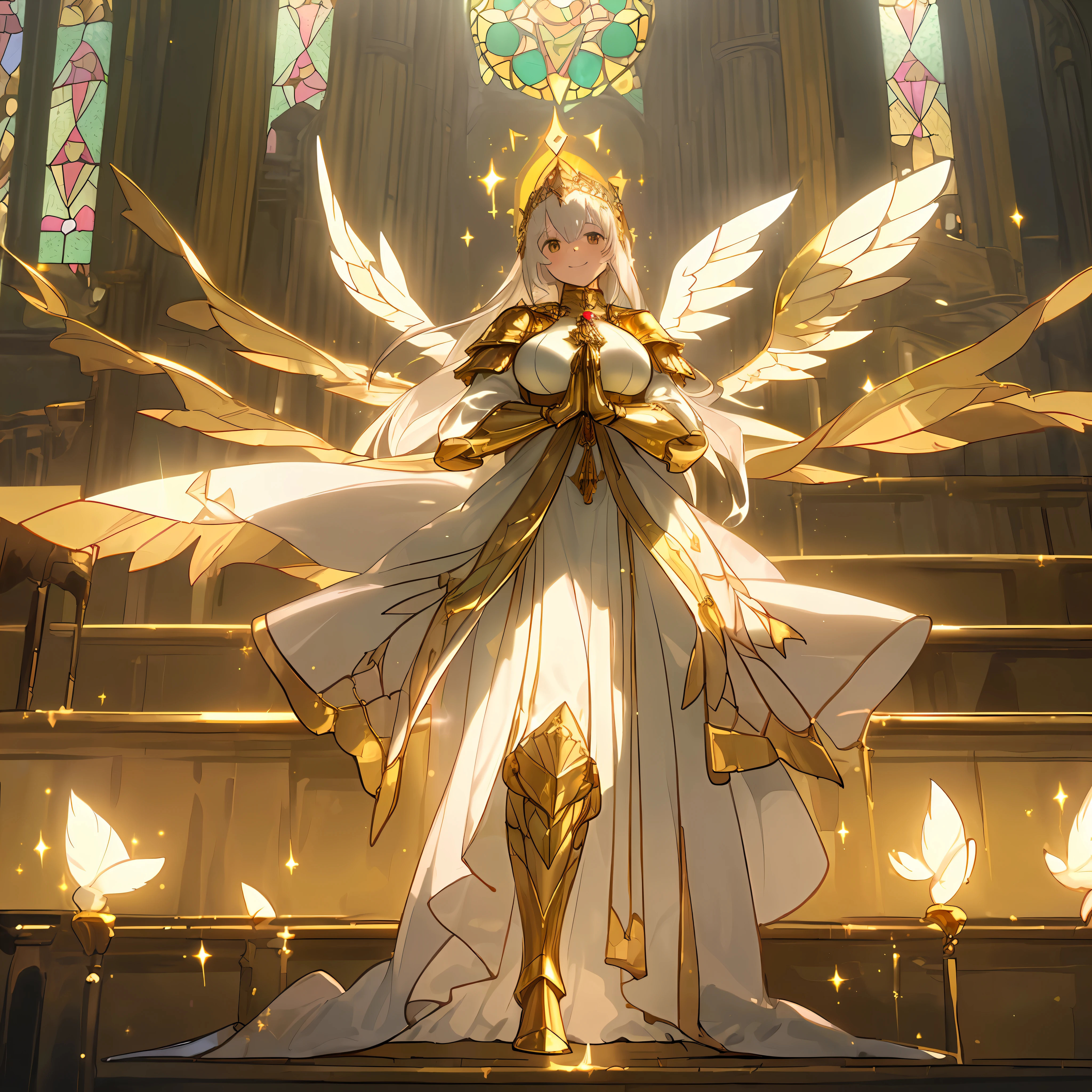 ((Solo character, masterpiece, best quality, full body, praying hands, tall, gold magic sparkles, turning head, stained glass windows)), tall anime girl standing in church with stained glass windows, white hair, long hair, silver eyes, sunbeams, candelabra, candles, feathers, white halo, white wings, ((white dress with gold, long dress, gold gloves, gold shawl, long sleeves, white sleeves, billowy, gold armor, gold boots)), smiling face, ((large breasts))