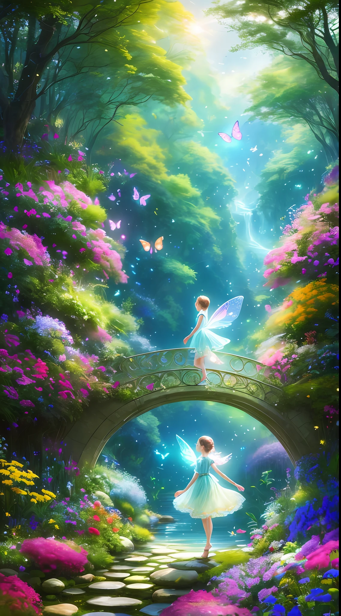 Masterpiece, best quality, high quality, extremely detailed 8k CG unit wallpaper, an extremely colorful and purely fantasy environment with vibrant tones and a bright sky, landscape of bright green grass, colorful trees, bright fruits and bright blue flowers. The streams have a deep shade of blue and the air is full of sweet and exotic aromas. The environment seems to have come out of a dream, with luminescent butterflies and giant colorful birds flying around, award-winning photography, bokeh, depth of field, HDR, bloom, chromatic aberration, photorealistic, extremely detailed, trend in Artstation, trend in CGSOCIETY, intricate, high detail, dramatic, art in the middle of the journey, with beings similar to mini fairies ultra realistic images and beings of light