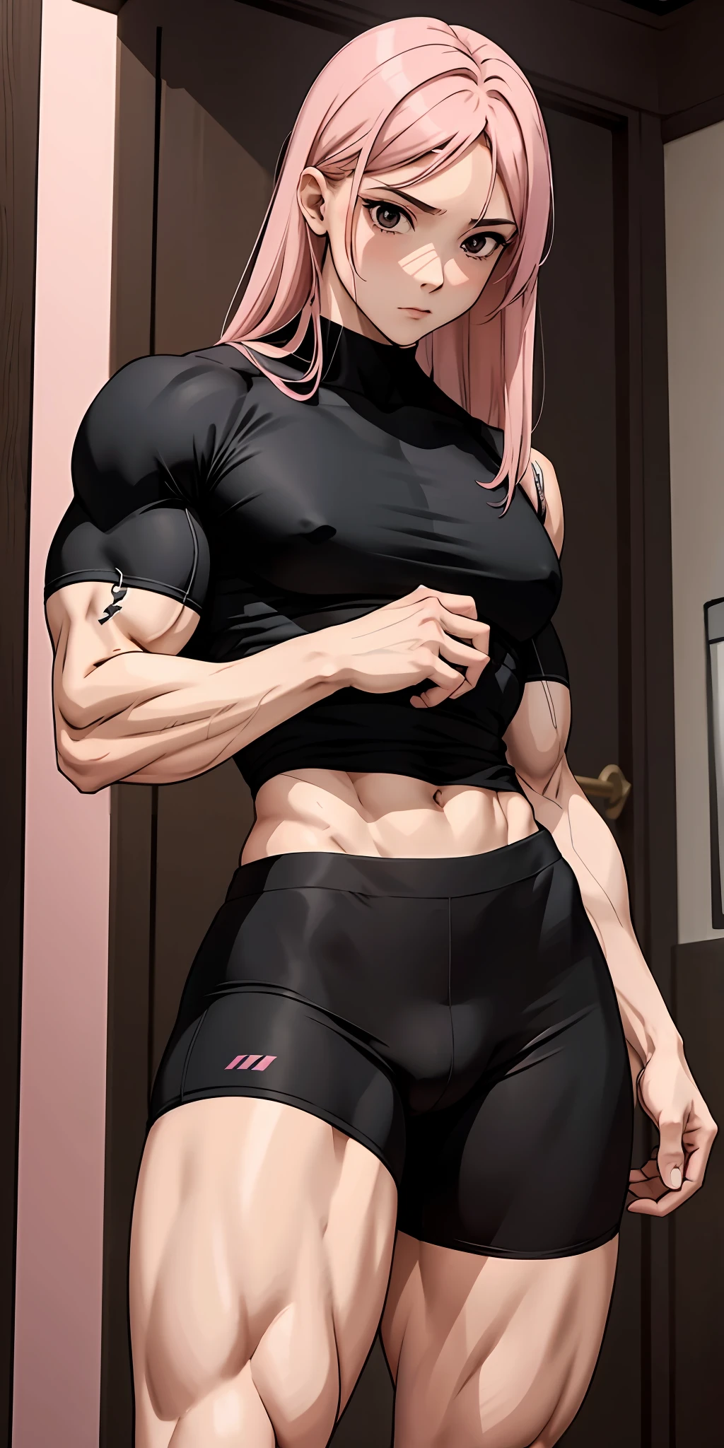 Boy, male body, adult, girl face, seductive face, provocative look, , long pink hair, perfect body, fit body, thin waist, male thighs, black shirt, muscular, small girl's ?????, cycling shorts, big pretuberance, male ???????, ?????, femboy, full body