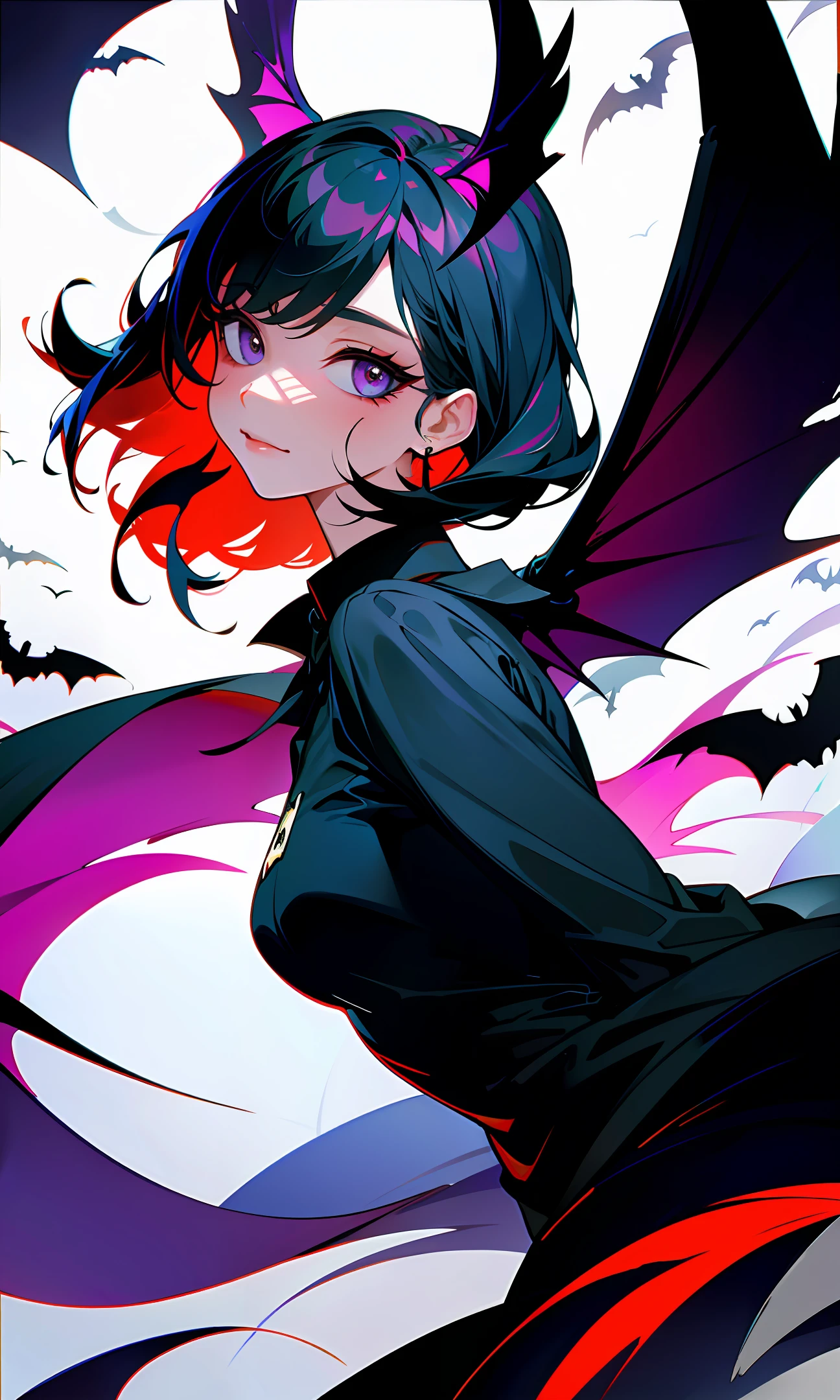 A bird, human face, bat wings