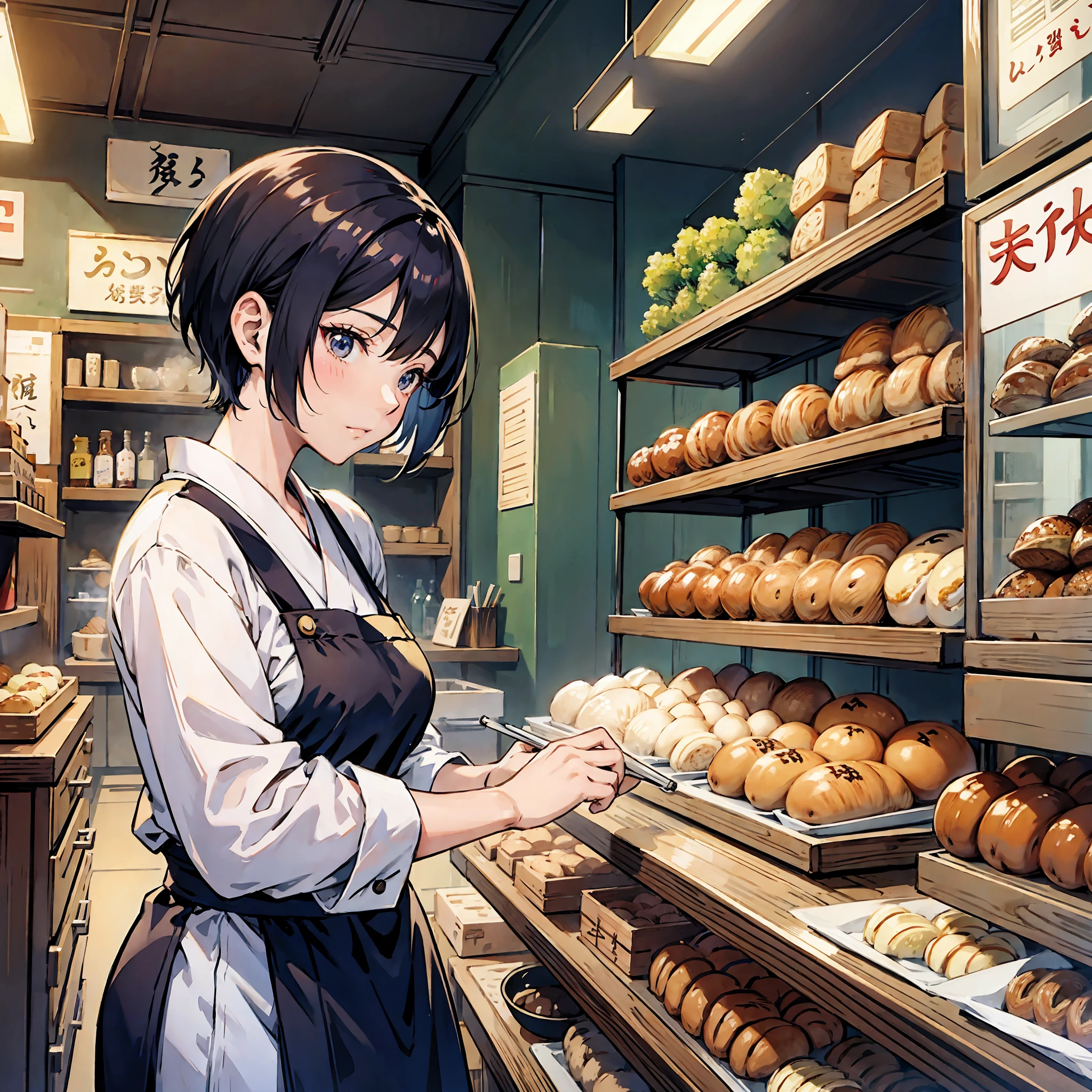 Japanese style anime character, woman working in a bakery, short hair, --auto --s2