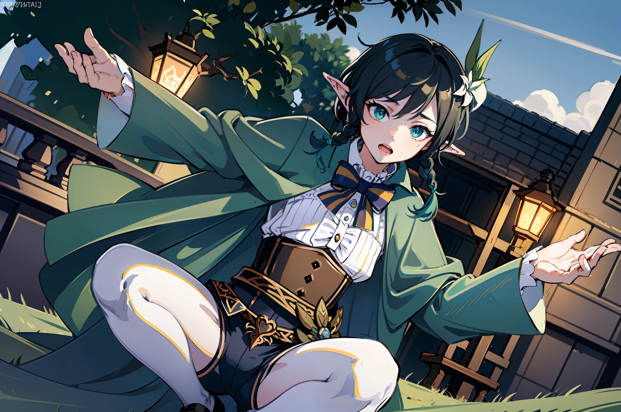 1 boy, 17 years old, tall, double twisted braids, pale skin, completely amber eyes, elf-like ears, glowing green tattoos all over, royal costume, crouching on a cloud, looking at the earth on the shoulder, sky in the background, detailed face, detailed hands, detailed legs, detailed fingers, detailed hair, detailed eyes, detailed skin, dynamic lighting, 8K UHD, (super realistic), (photo realistic), (masterpiece), (best quality), (male focus: 1.5) (NSFW: 1.5), correct limbs, femboy, (ahegao: 1.3), green hat, white stockings, crouching, legs apart