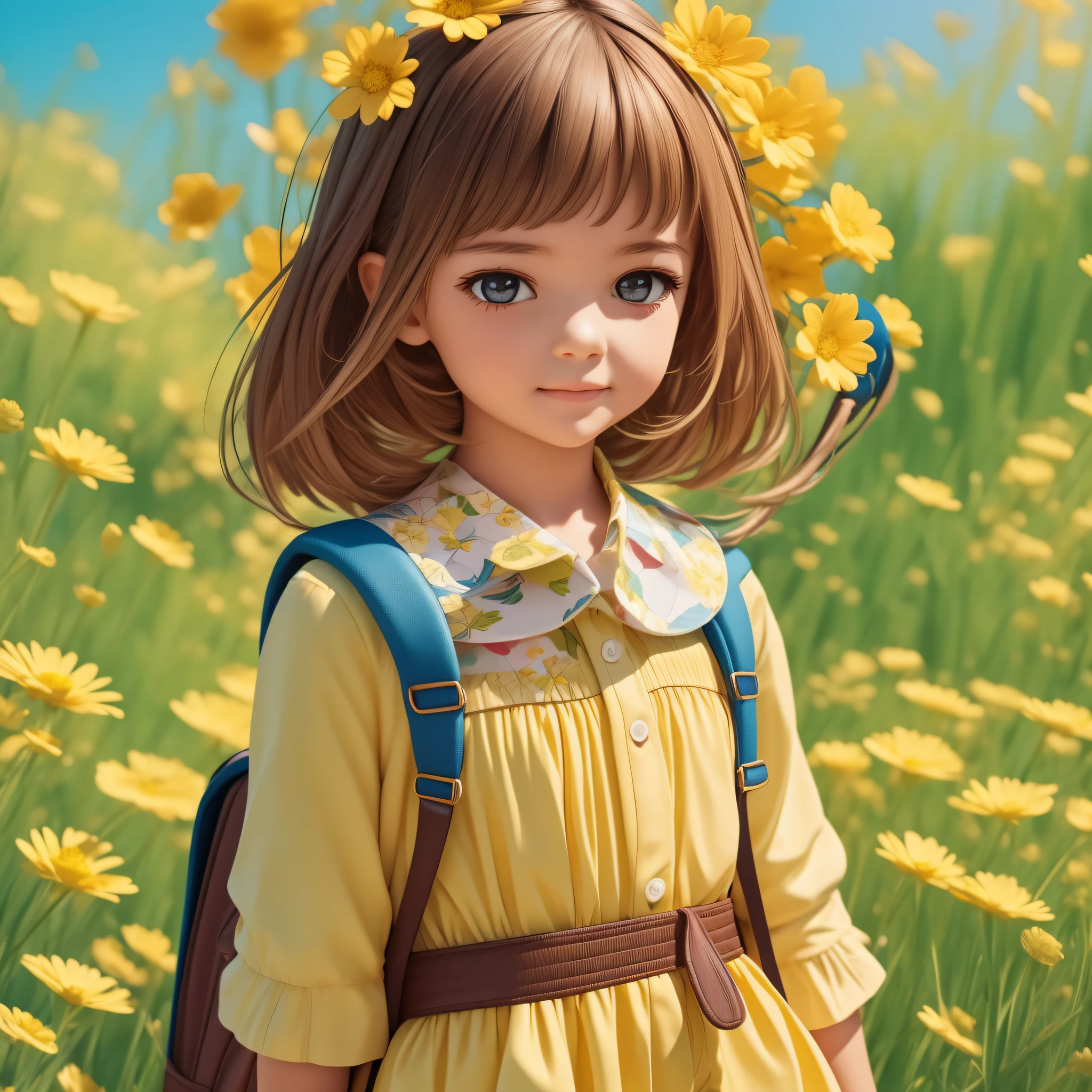 A very charming girl with a backpack enjoying a lovely spring outing surrounded by beautiful yellow flowers and nature. The illustration is a high-definition illustration in 4K resolution with highly detailed facial features and cartoon-style visuals. Petals, Illustration, (Magazine: 1.3), (Cover Style: 1.3), Fashion, Woman, Vitality, Dressing, Posing, Front, Colorful, Dynamic, Background, Element, Confidence, Expression, Hold, Statement, Attachment, Majestic, Coiled, Surrounding, Touch, Scene, Text, Cover, Bold, Eye-catching, Title, Fashion, Font, Catchy, Title, Bigger, Eye-catching, Modern, Fashionable, Focused, Fashionable,