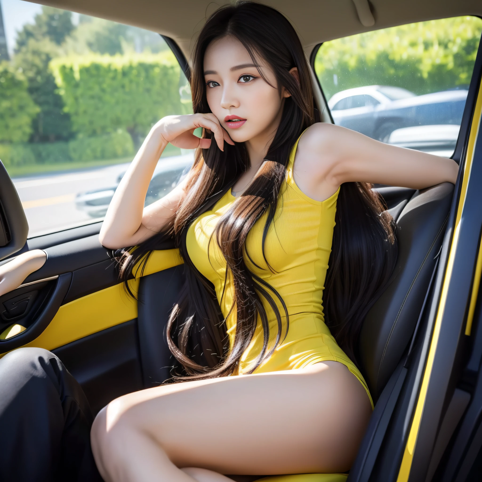 ((Masterpiece, top quality)), 1 Beauty, (Beauties: 1) Woman sitting in a car with yellow car door, 8k, sitting in a car, provoking opponent, Zero Yon, state before racing, long hair, black hair, perfect body, very detailed face and skin texture, whole body, narrow eyes, double eyelids, whitening skin, long hair