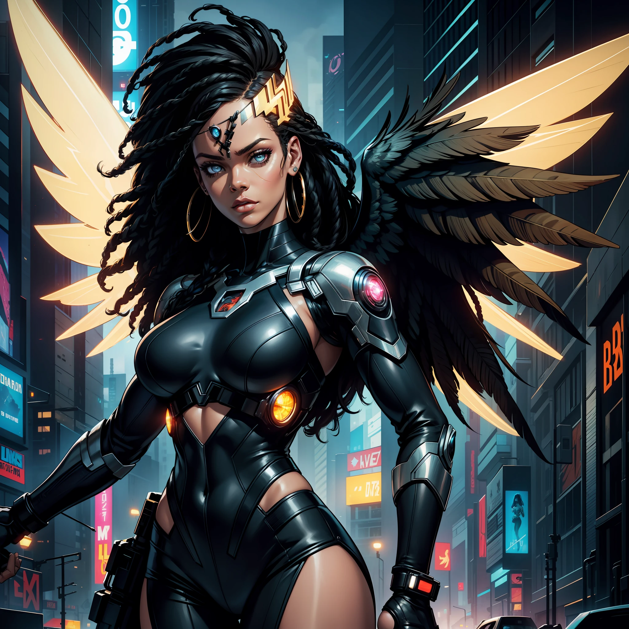 "(DC Marvel Cinematic Universe superhero uniform with cyberpunk details in beige color:1) (1) (1) dark theme :: focus on closeup face, pacive face, Rihanna face, ultra realistic cyberpunk deity Brazilian woman mulatto athletic, :: giant feathered wings on the back :: very long black hair :: cool cyberpunk modern deity, neon eyes :: natural lighting :: bokeh :: 8k :: best quality ::  masterpiece :: insanely detailed:1.5"