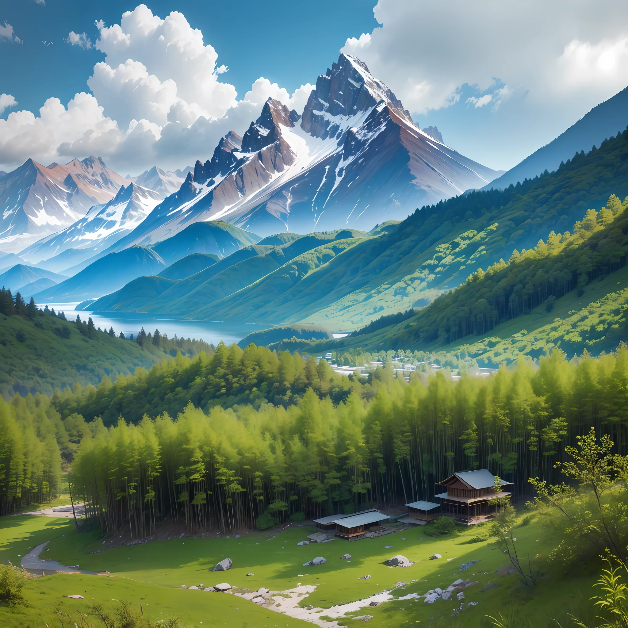 Scenery, mountains and snowy peaks in the distance, dense bamboo nearby, a verdant lake, sparse bamboo on the left, an old wooden house not far away, highly saturated picture, texture details --auto --s2
