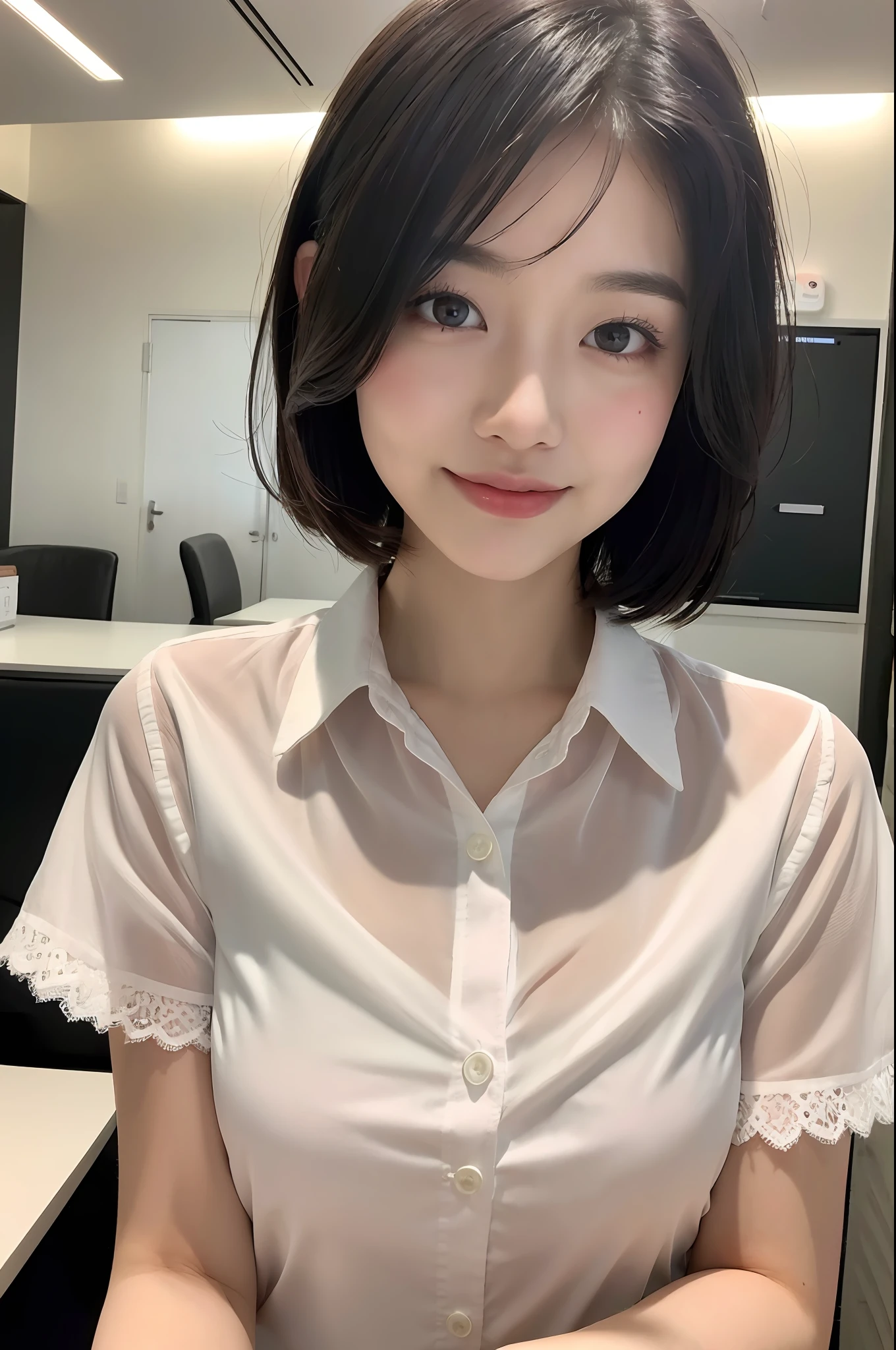 (8k, top quality, masterpiece: 1.2), (realistic, photorealistic: 1.37), super detailed, girl single, cute, solo, beautiful detailed sky, detailed café, night, sitting, date, (blush), (smile: 1.15), (closed mouth), big, fine beautiful eyes, (collared shirt: 1.1), night, wet, office clothes, rain, white lace, (short hair: 1.2), Float NovaFrogStyle, topless,
