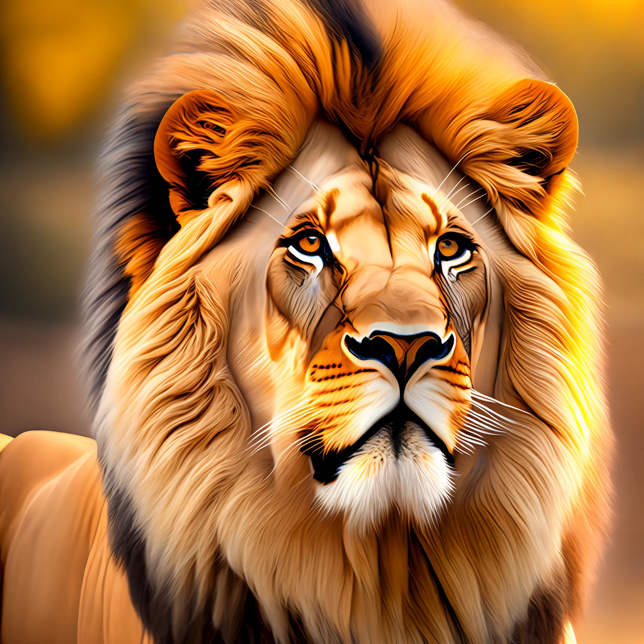 lion , (sharp focus:1.3), [[[[distant shot]]]], perfect face, [[perfect hairstyle]], perfect eyes, [[[detailed iris]]], perfect nose, perfect mouth, perfect teeth, soft light, HDR, [[[[[[shine on skin]]]]