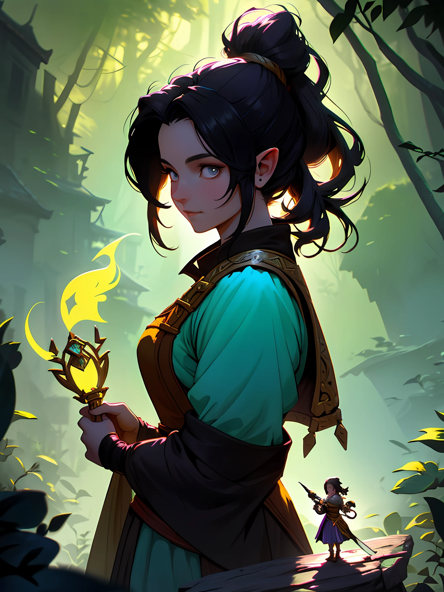 modelshoot style, award-winning digital art of a woman halflings bard, short stature, fully clothed, in a fantasy village, d&d, masterpiece, best quality, high contrast, soft lighting, backlighting, blooming, light glows, chromatic aberration, smooth, sharp focus