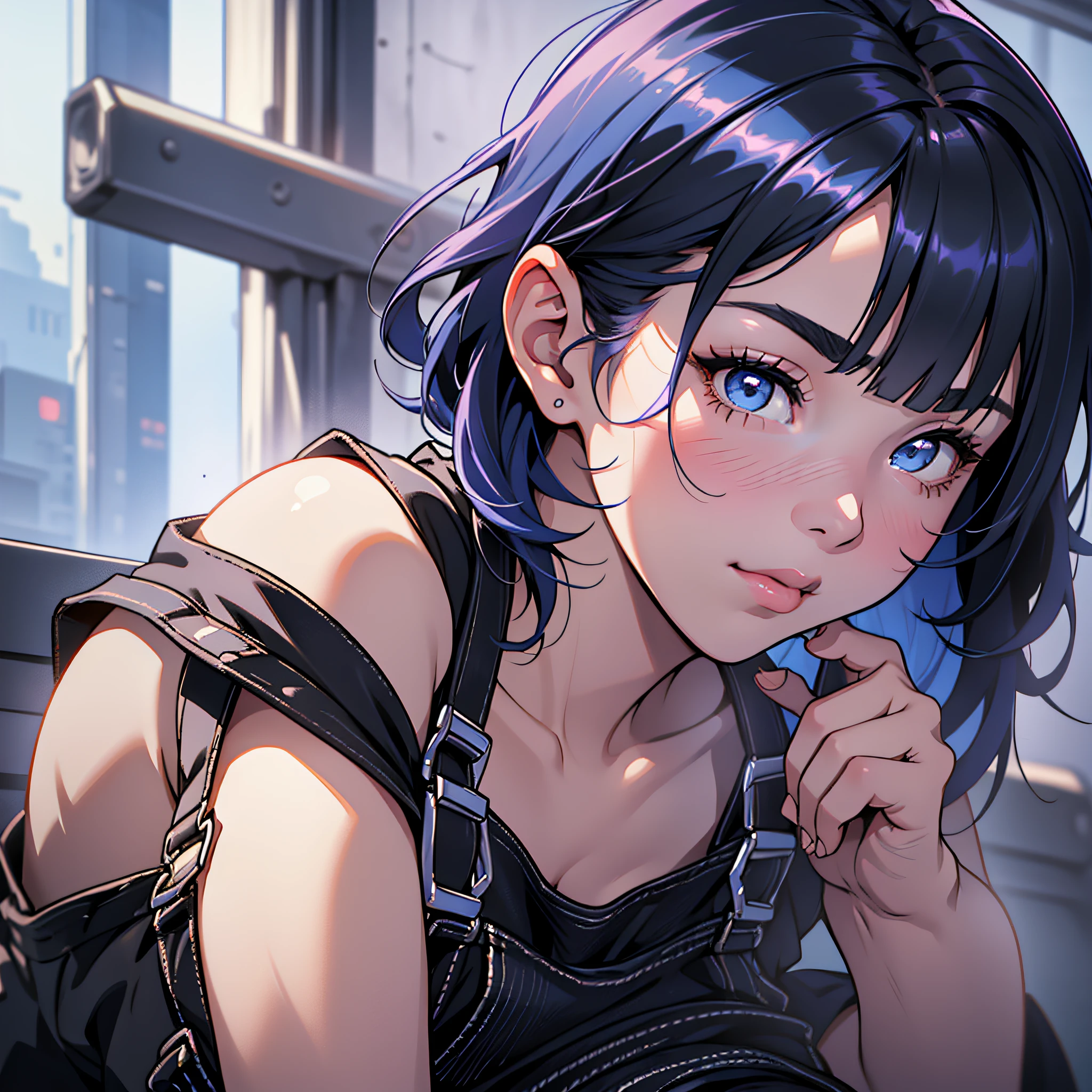 A Cute Girl with white skin, sexy body, size (small), chubby, short hair (up to the shoulders) and black, blue hair tones [bright], curious look, bbwchan, black clothing (overalls), round face, anime style, with giant mirrors around, fighting, anime style, realistic lighting, Radiosity, Close Up