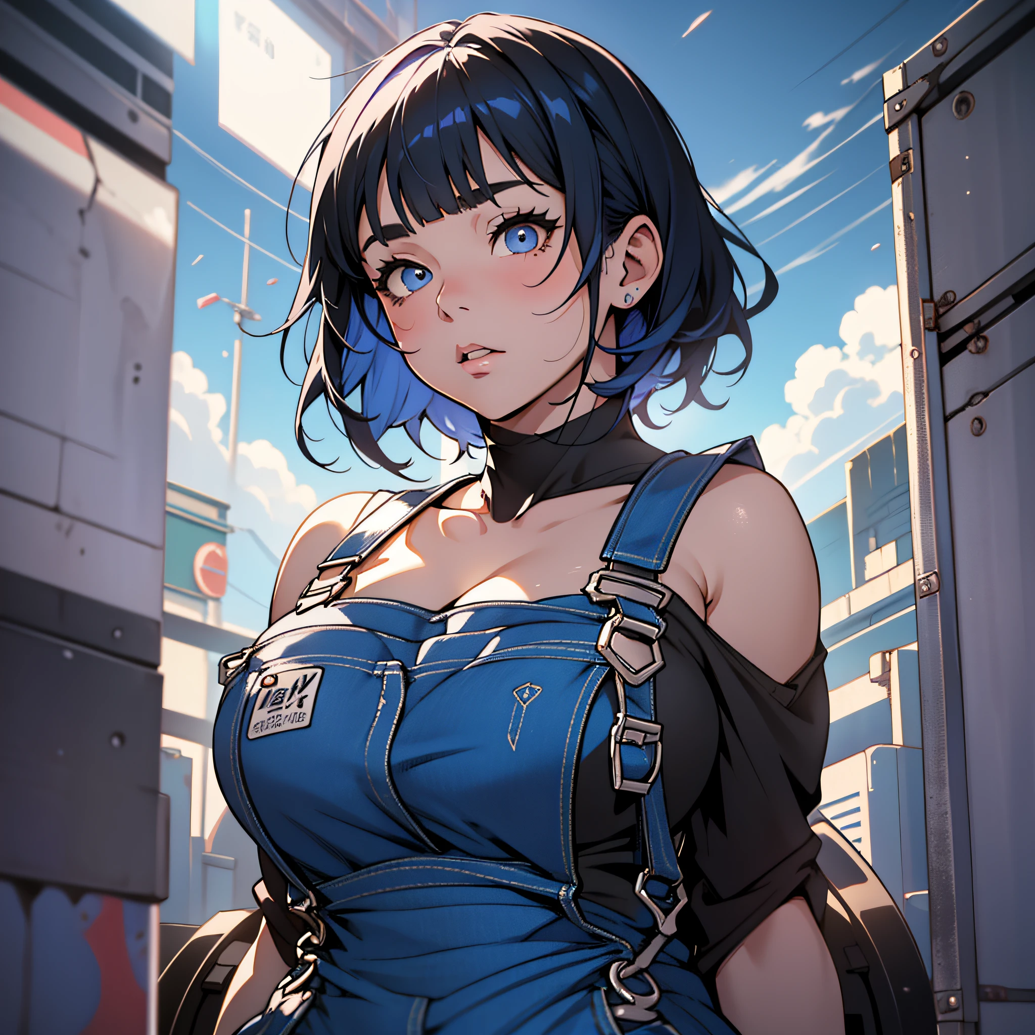A Cute Girl with white skin, sexy body, size (small), chubby, short hair (up to the shoulders) and black, blue hair tones [bright], curious look, bbwchan, black clothing (overalls), round face, anime style, with giant mirrors around, fighting, anime style, realistic lighting, Radiosity, Close Up