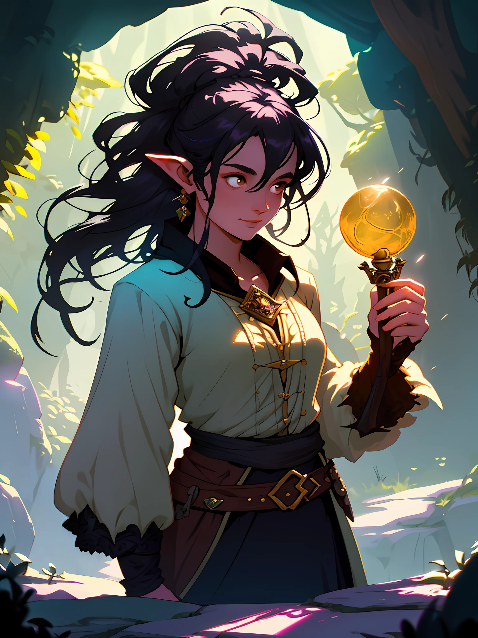 modelshoot style, award-winning digital art of a woman halflings bard, short stature, fully clothed, in a fantasy village, d&d, masterpiece, best quality, high contrast, soft lighting, backlighting, blooming, light glows, chromatic aberration, smooth, sharp focus