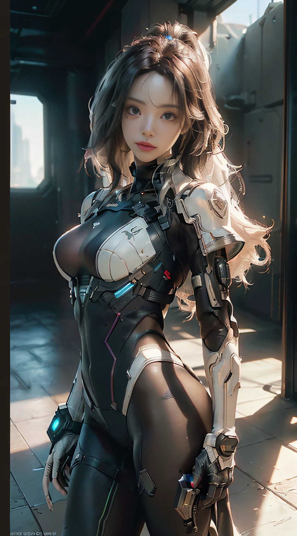(Best Quality), ((Masterpiece), (Detail: 1.4), 3D, A Beautiful Cyberpunk Female Figure, HDR (High Dynamic Range), Frontal Pose, Ray Tracing, NVIDIA RTX, Super-Resolution, Unreal 5, Subsurface Scattering, PBR Texture, Post Processing, Anisotropic Filtering, Depth of Field, Maximum Sharpness and Clarity, Multi-layer Texture, Albedo and Highlight Maps, Surface Shading, Accurate simulation of light-material interactions, perfect proportions, Octane Render, two-color light, large aperture, low ISO, white balance, rule of thirds, 8K RAW,