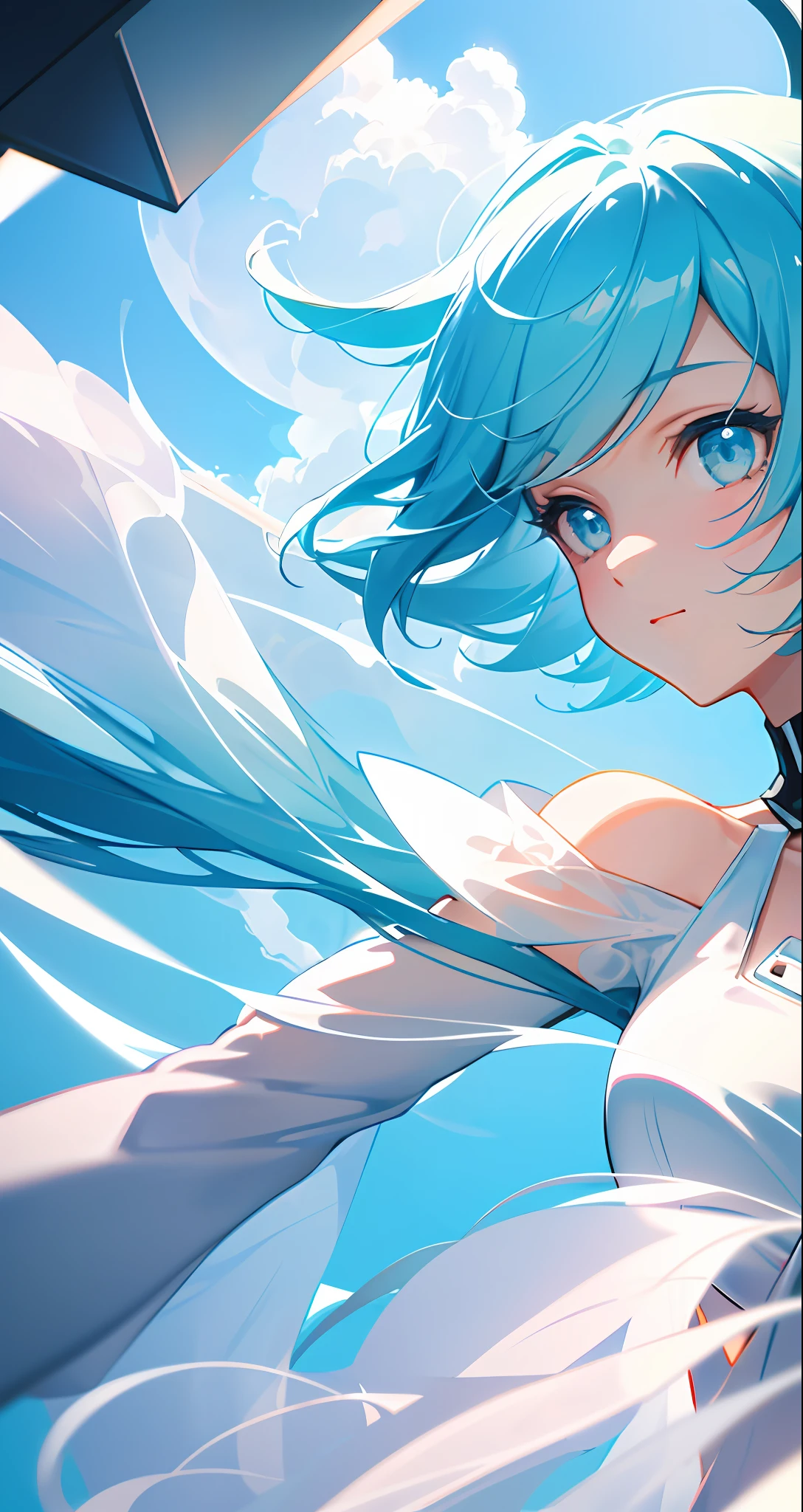 masterpiece, best quality, movie still, 1girl, floating in the sky, cloud girl, cloud, (close-up:1.1), bright, happy, fun, soft lighting, (Bauhaus, shapes, lines, abstract:1.1)