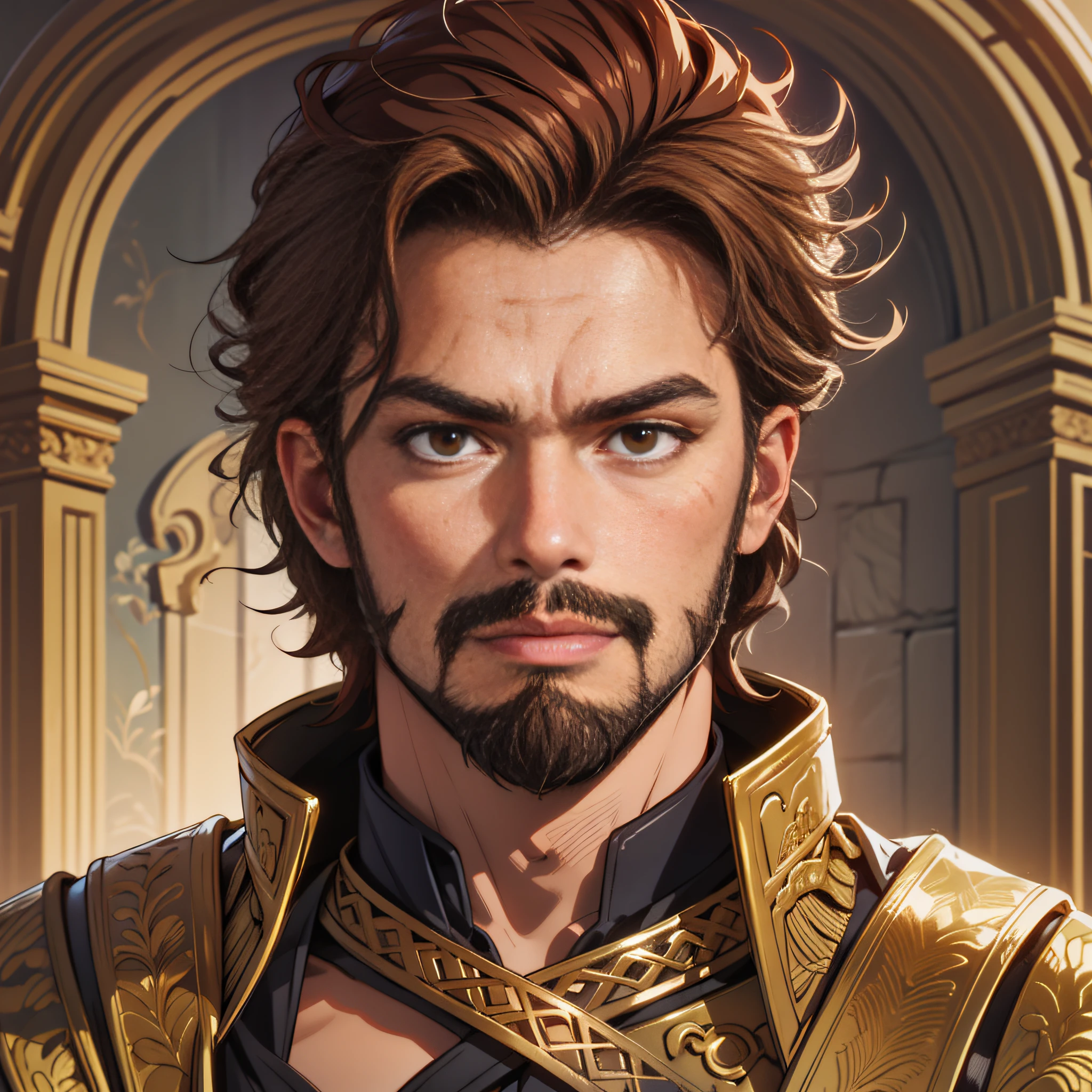 Portrait Rpg, close-up, Vector art, Race: Human, Gender: Male, Age: 25 year, Eyes color: Brown, Skin color: Mediterranean skin, Physique: Regular complexion, Facial features: low beard or Some scars in the face, Expression: Smug look, Hair style: Brown Hair Combed back, Equipment: Elegant fantasy clothes, Background: Fancy room