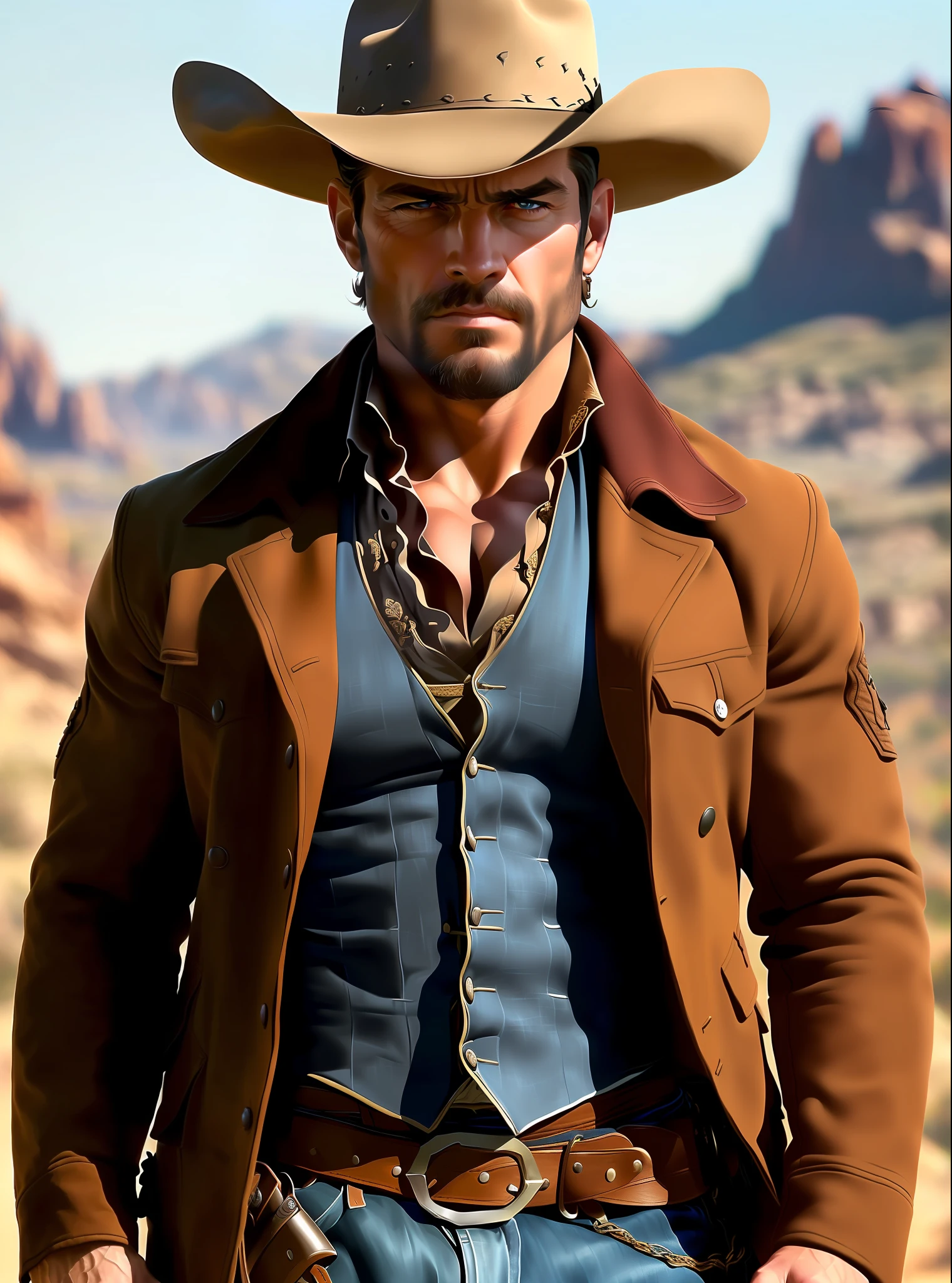 modelshoot style, (extremely detailed 8k wallpaper), beautiful portrait of a tough man in western clothes, body, muscular, intricate, 8 k, highly detailed, smooth, sharp focus, by artgerm greg rutkowski
