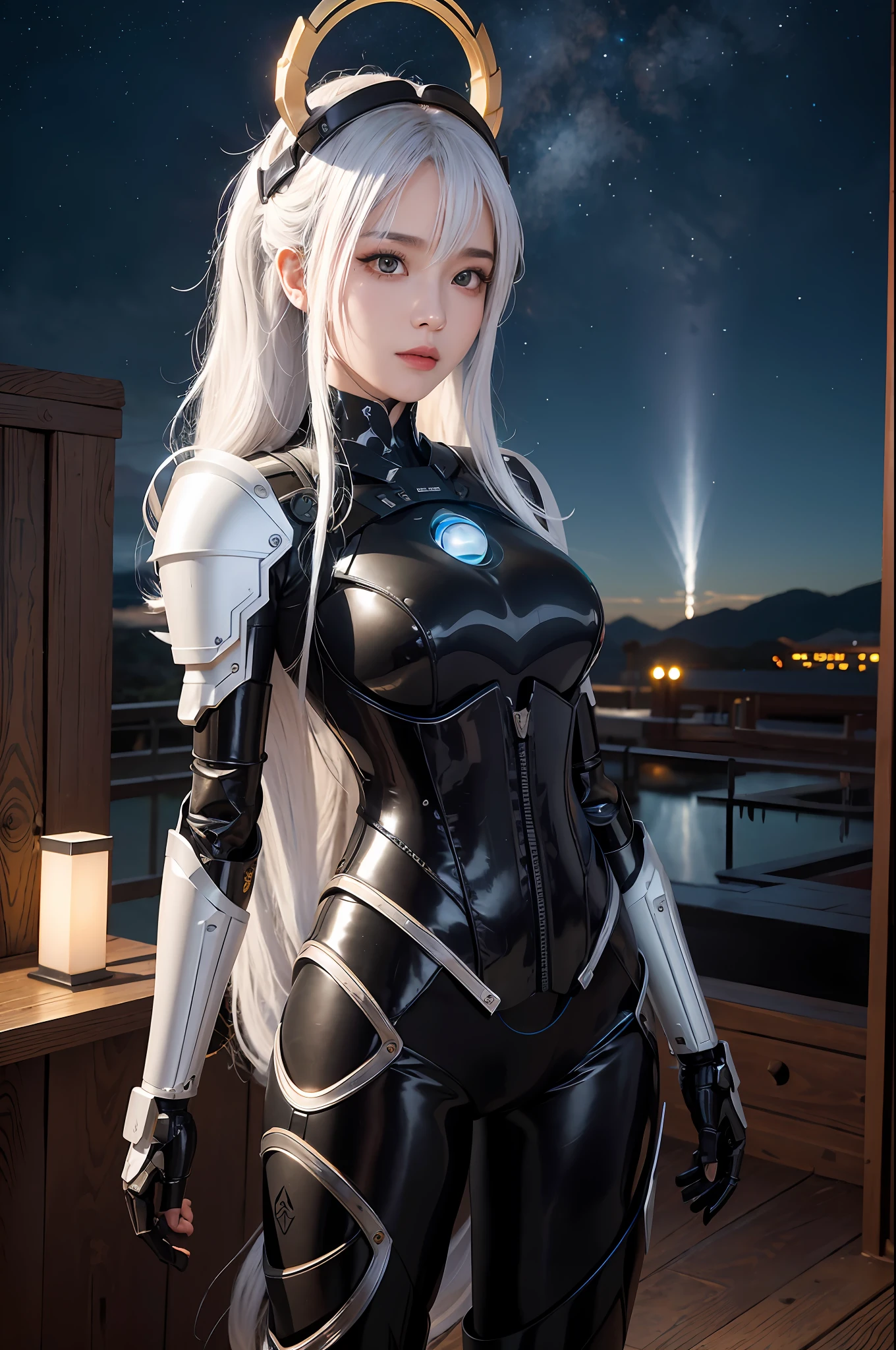 masterpiece,best quality,ultra-detailed,very detailed illustrations,extremely detailed,intricate details,highres,super complex details,extremely detailed 8k cg wallpaper,cowboy shot, caustics,reflection,ray tracing,demontheme,nebula,dark aura,cyber effect, (1girl:1.4),solo,alone,mecha musume,mechanical parts, robot joints,single mechanical arm, headgear, mechanical halo,star halo,intricate mechanical bodysuit, mecha corset, kimono, full armor, very long hair,white hair, hair between eyes, multicolored hair, colored inner hair, red eyes,glowing eye,eye trail, random expressions,random action, ancient japanese architecture,pond, starry sky,skyline,