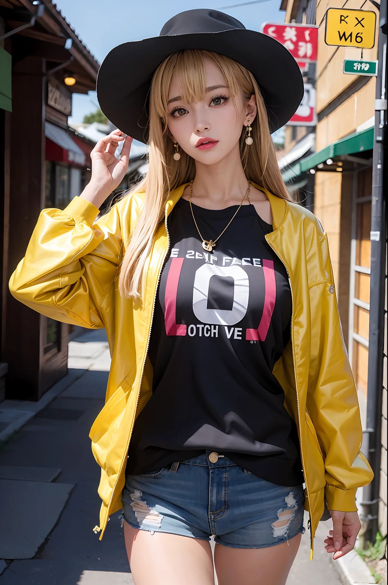 anime girl, 1girl, cute, bangs, blonde_hair, cowboy_shot, earrings, floral_print, jacket, jewelry, looking_at_viewer, necklace, shirt, Long_hair, shorts, solo, yellow_jacket, yellow_shirt, detail eyes, fantasy model, realistic, sharp details, intricate details, ultra-realistic,digitally enhanced,3d reference , 8k resolution, unapologetic grit, overexposure,sharp focus , UHD, 8K
