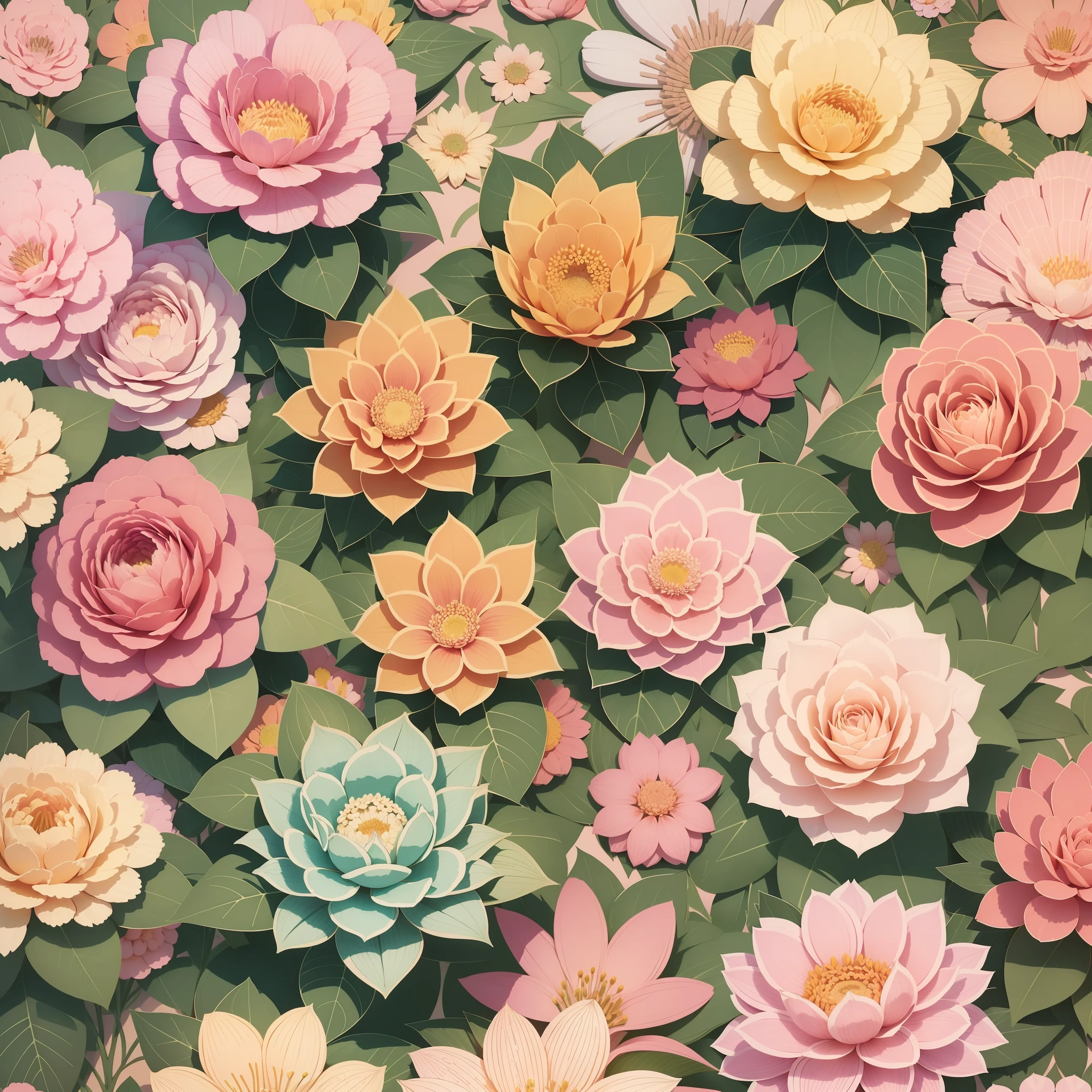 Set pattern of large flowers with plants, defined shape, flat style, vector style, drawing style, naïve style, wallpaper style, in soft pastel colors such as old pink, pastel blue, light blue, beige, pastel violet, pastel yellow and white. No shadows in the images.