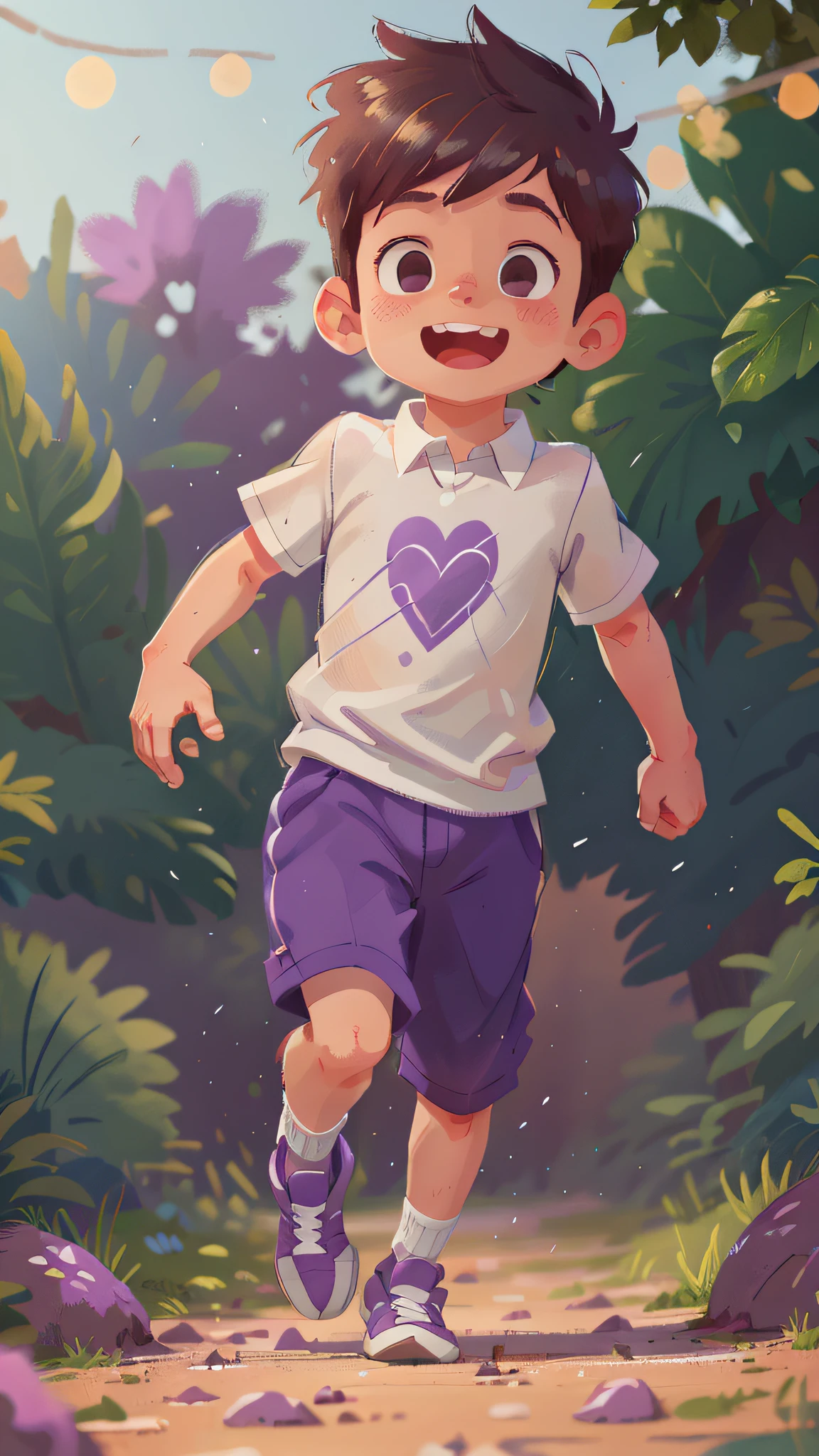 A boy running, no background, totally white background, happy, white shirt with collar in dark purple color, dark purple pants, happy, perfect quality, light focus, (masterpiece: 1.2) (bokeh) (best quality) (detailed skin: 1.3) (intricate details) (8K) (detail eyes) (sharp focus), (happy)