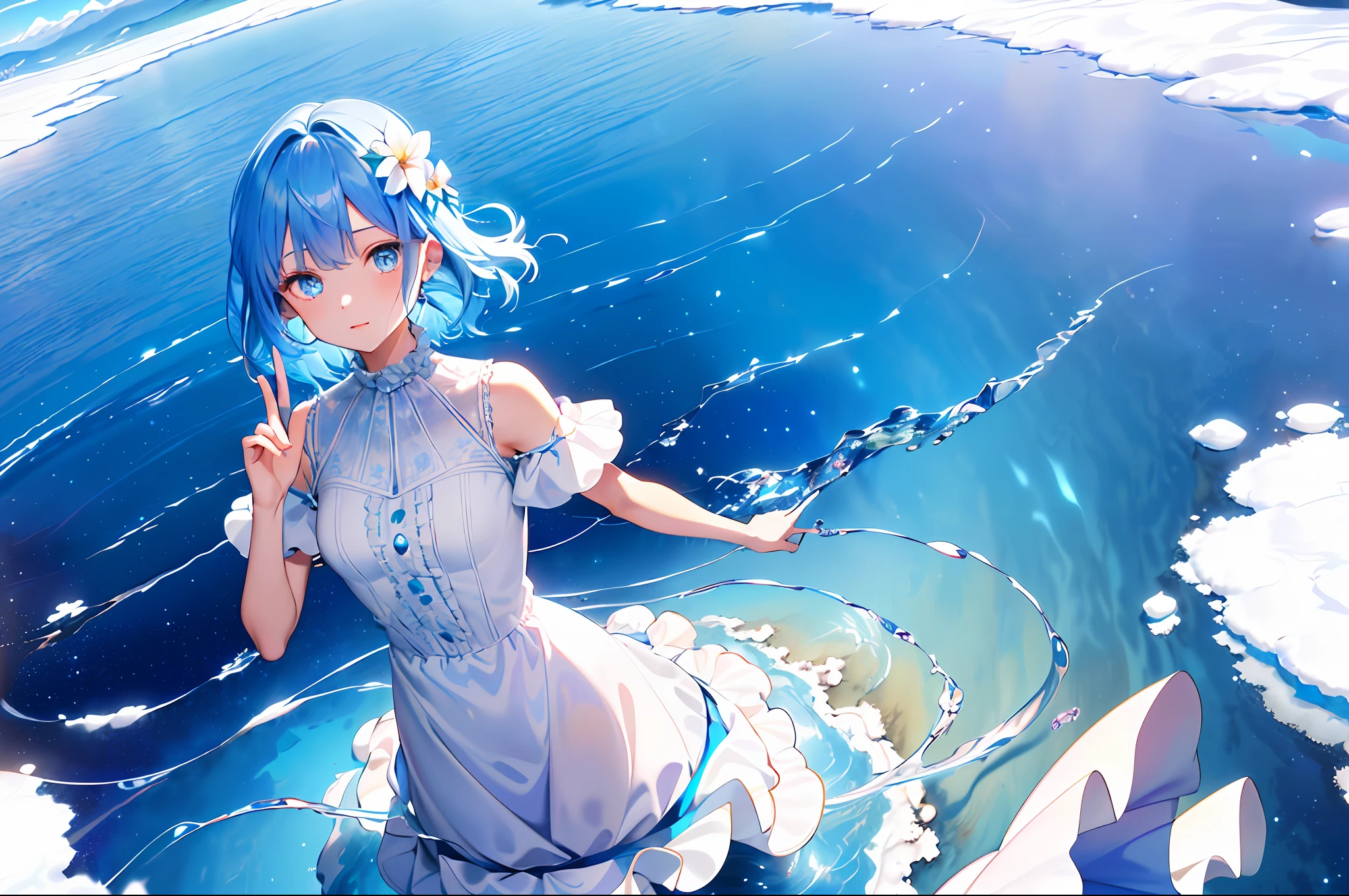 absurdres, highres, (official art, beautiful and aesthetic:1.2), (near vision:1.15), (1girl, blue hair, medium hair, blue eyes, bright eyes, long white dress, blue ruffle,:1.2) blue sky, Shimmering Galaxy, (Salar de Uyuni:1.2), (fractal art:0.8), water effects, ripple effects, (flower effects: 0.65), light effects,