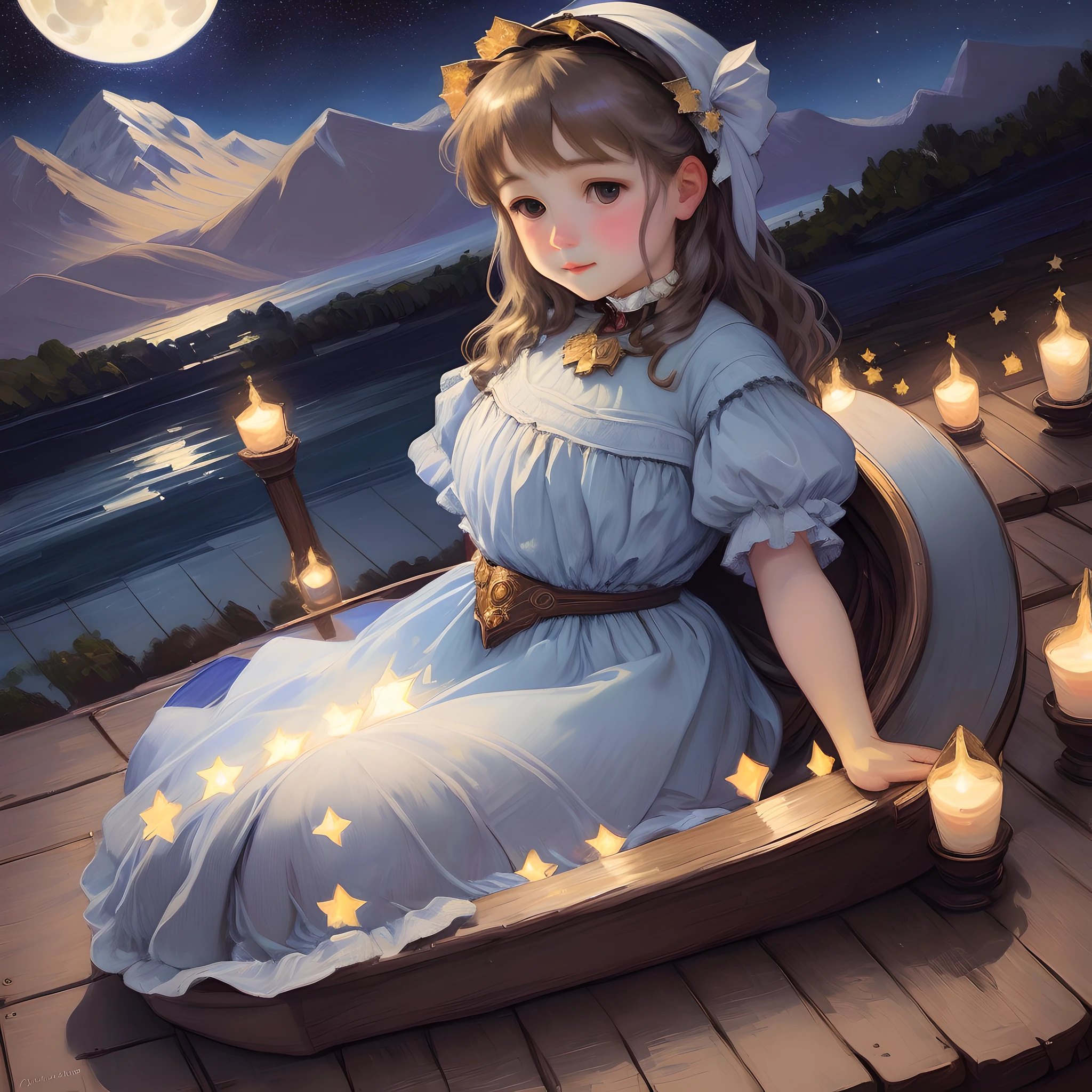 Girl, A Full Moon Behind The Mountains Against The Dark Sky With Full Of Stars As Shooting Stars Fall Down., Oil Painting, Impressionist Painting,Mary Cassatt style painting,Alphonse Mucha,