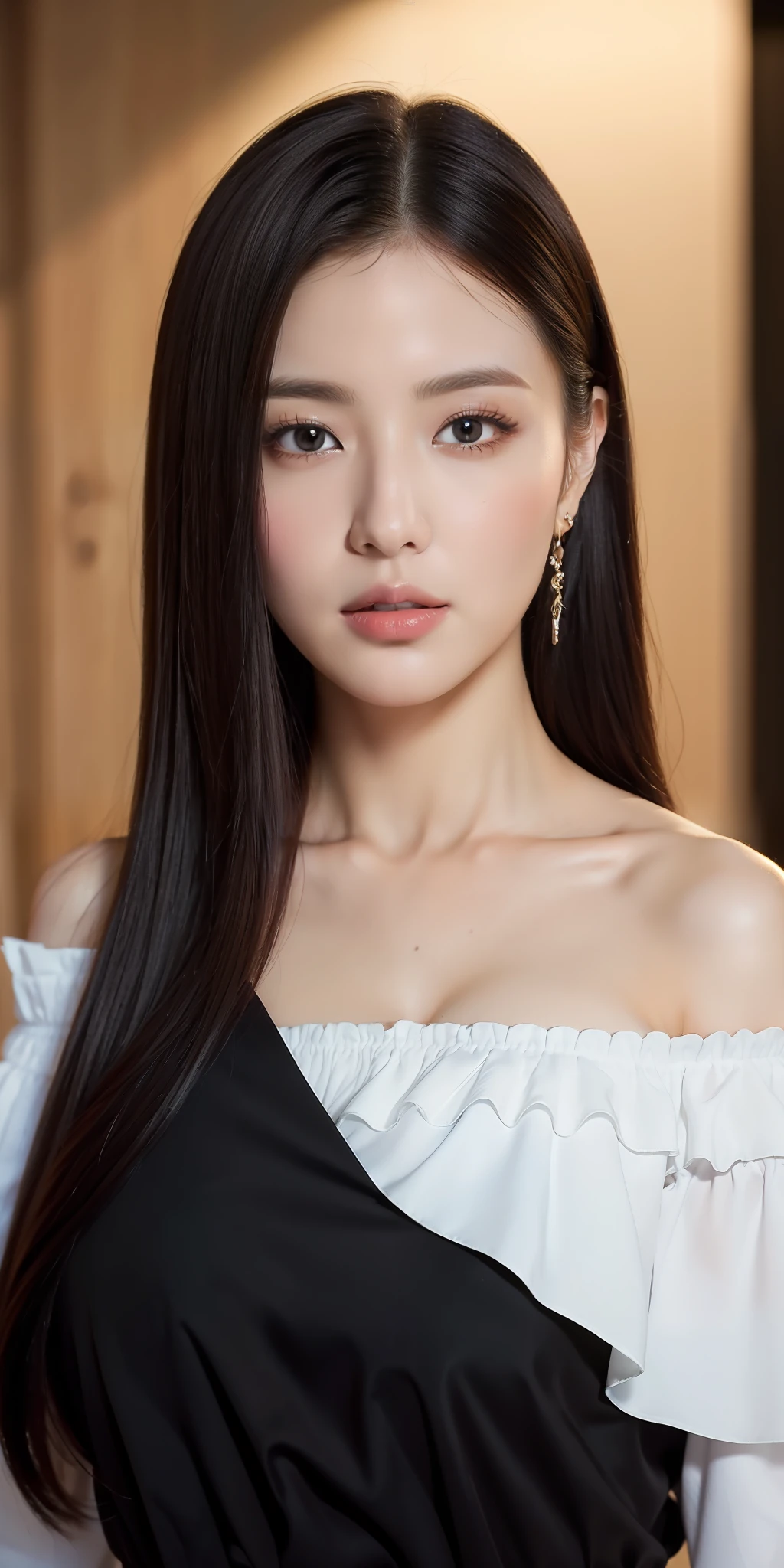 ((Top Quality, 8k, Masterpiece: 1.3)), Sharp Focus: 1.2,1 Perfect figure Pretty Women: 1.4, black hair, huge breasts, wearing a white blouse, highly detailed face and skin texture, detailed eyes, double eyelids, off-shoulder