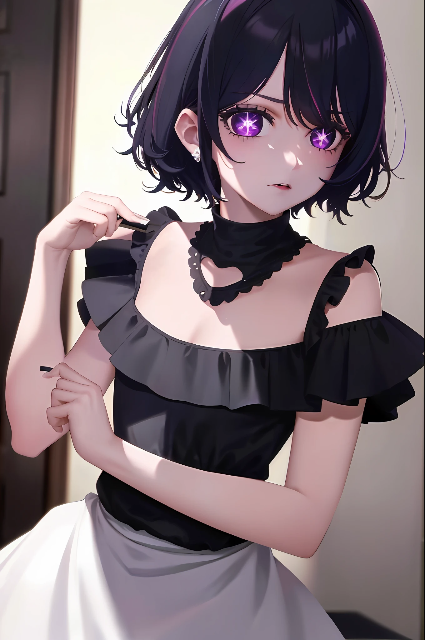 Masterpiece, Top Quality, Super Detail, Beautiful Lighting, 1 Girl, Goth, French Maid, Black Hair, Short Hair, Purple Eyes, Black Eyeliner, Black Lips, Piercing, Spiked Color, Watch Viewers
