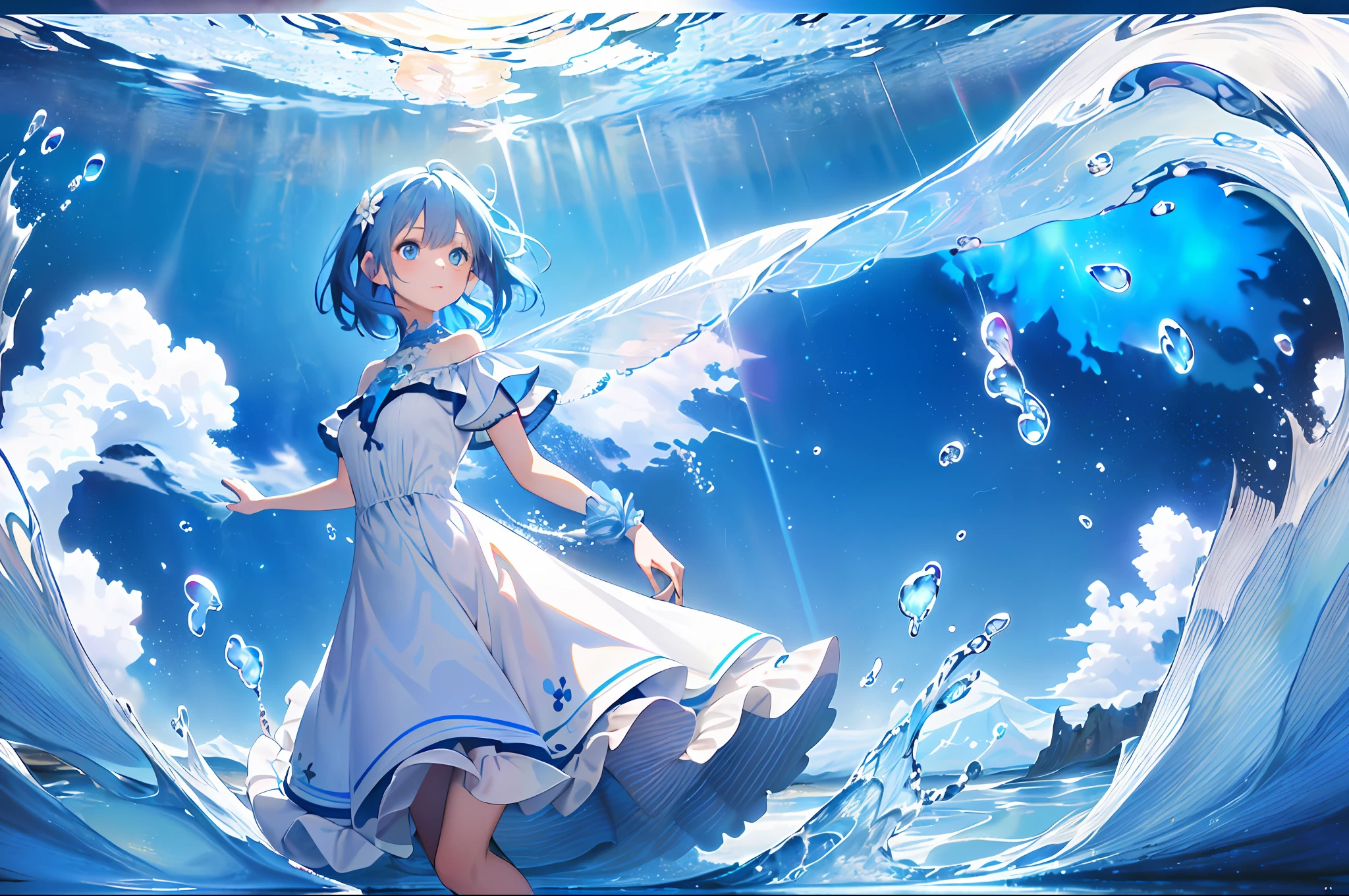 absurdres, highres, (official art, beautiful and aesthetic:1.2), (near vision:1.15), (1girl, blue hair, medium hair, blue eyes, bright eyes, long white dress, blue ruffle,:1.2) blue sky, Shimmering Galaxy, (Salar de Uyuni:1.2), (fractal art:0.8), water effects, ripple effects, (flower effects: 0.65), light effects,