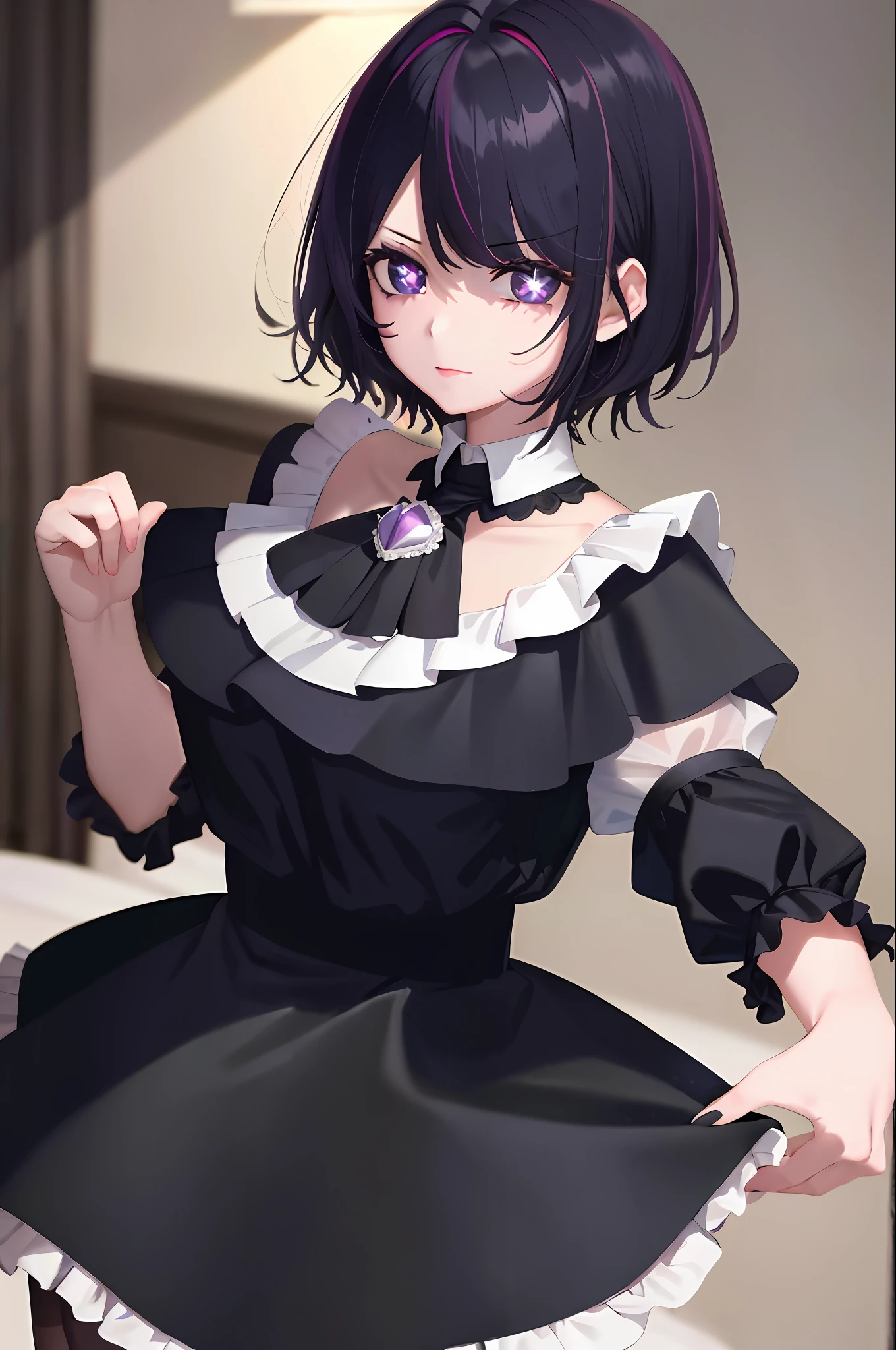 Masterpiece, Top Quality, Super Detail, Beautiful Lighting, 1 Girl, Goth, French Maid, Black Hair, Short Hair, Purple Eyes, Black Eyeliner, Black Lips, Piercing, Spiked Color, Watch Viewers