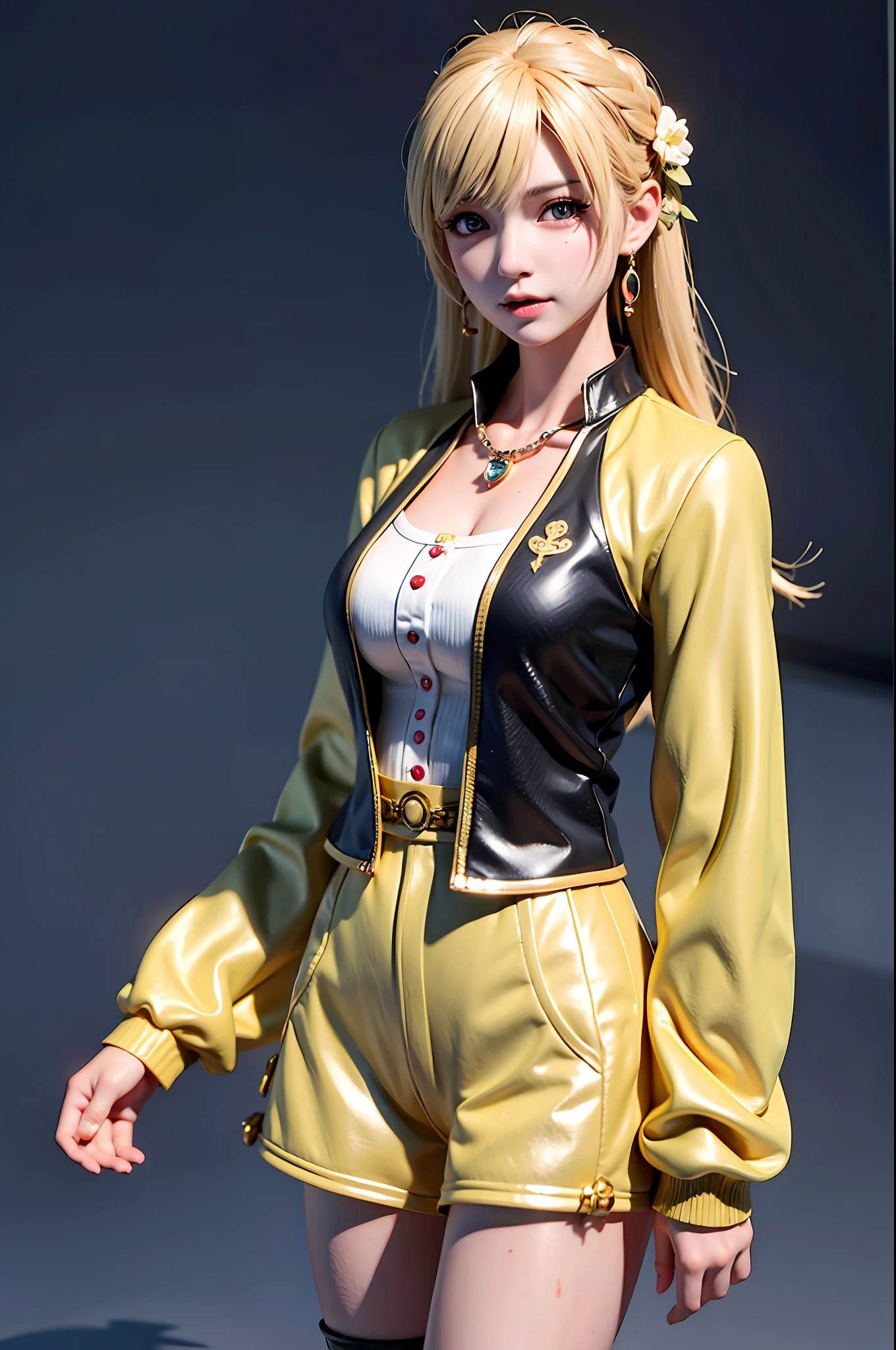 anime girl, 1girl, cute, bangs, blonde_hair, cowboy_shot, earrings, floral_print, jacket, jewelry, looking_at_viewer, necklace, shirt, Long_hair, shorts, solo, yellow_jacket, yellow_shirt, detail eyes, fantasy model, realistic, sharp details, intricate details, ultra-realistic,digitally enhanced,3d reference , 8k resolution, unapologetic grit, overexposure,sharp focus , UHD, 8K