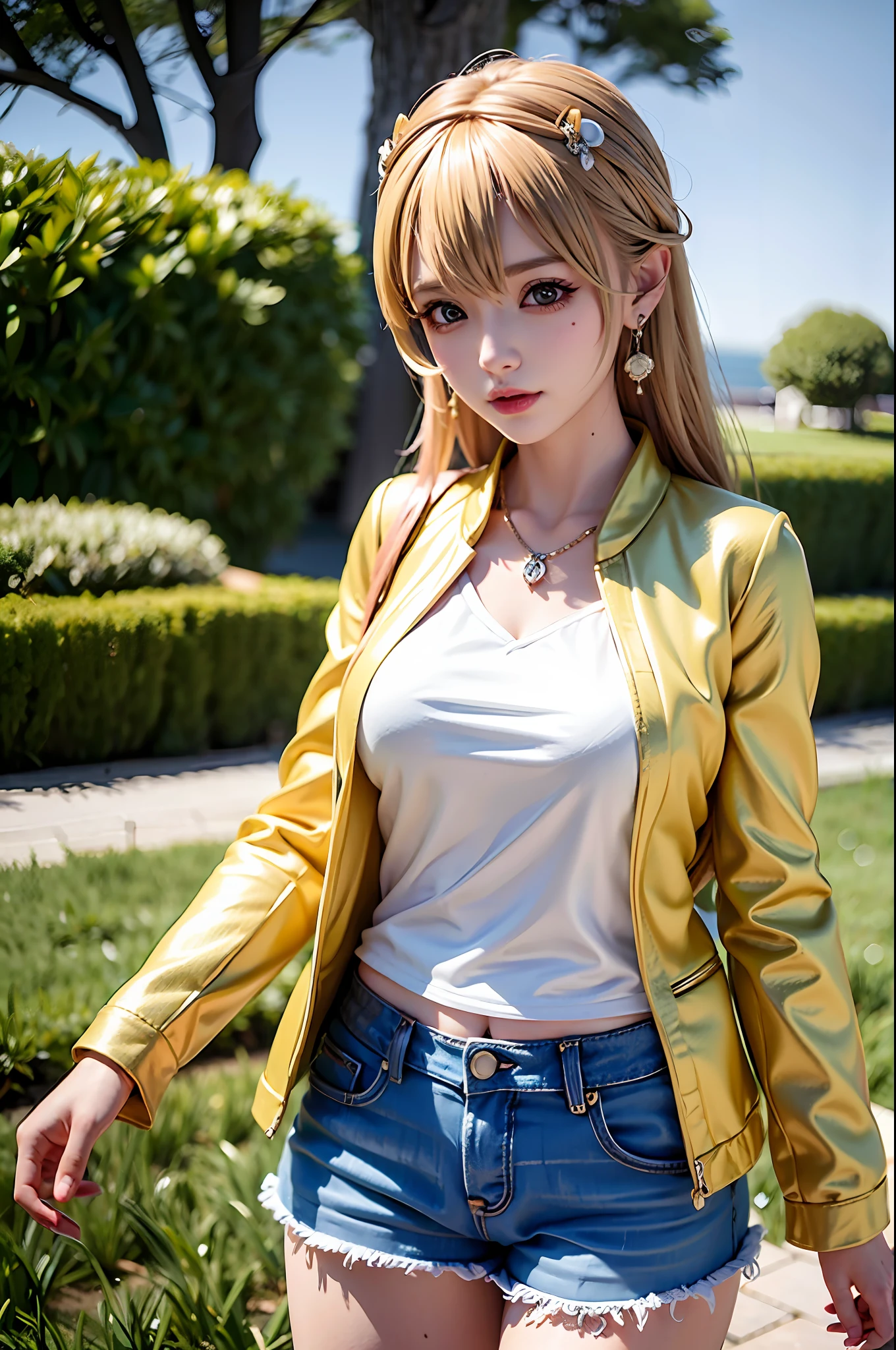 anime girl, 1girl, cute, bangs, blonde_hair, cowboy_shot, earrings, floral_print, jacket, jewelry, looking_at_viewer, necklace, shirt, Long_hair, shorts, solo, yellow_jacket, yellow_shirt, detail eyes, fantasy model, realistic, sharp details, intricate details, ultra-realistic,digitally enhanced,3d reference , 8k resolution, unapologetic grit, overexposure,sharp focus , UHD, 8K