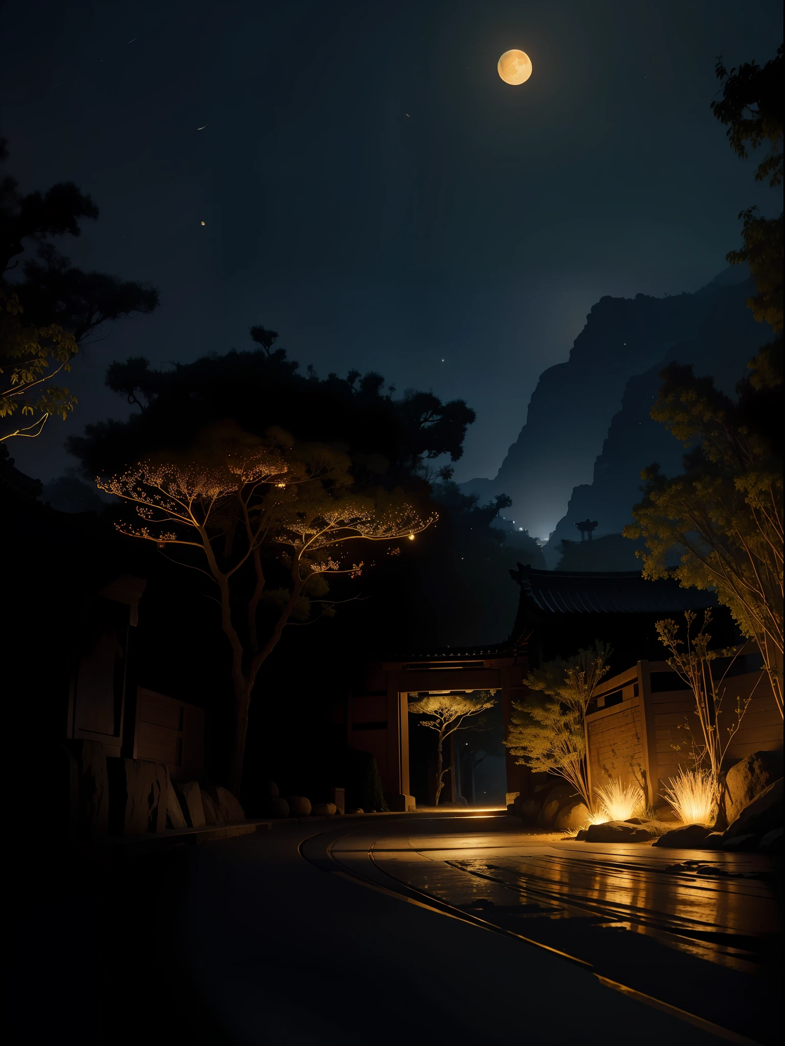 Official Art, Ancient China, Ancient Streets, (Lots of Fireflies), (Night), (Moon), Lights, Beautiful Landscapes, Epic Landscapes, Realistic Lights, Masterpiece, High Quality, Beautiful Graphics, High Detail , Global Illumination, Unreal Engine Rendering, Octane Rendering, (HDR: 1.3)