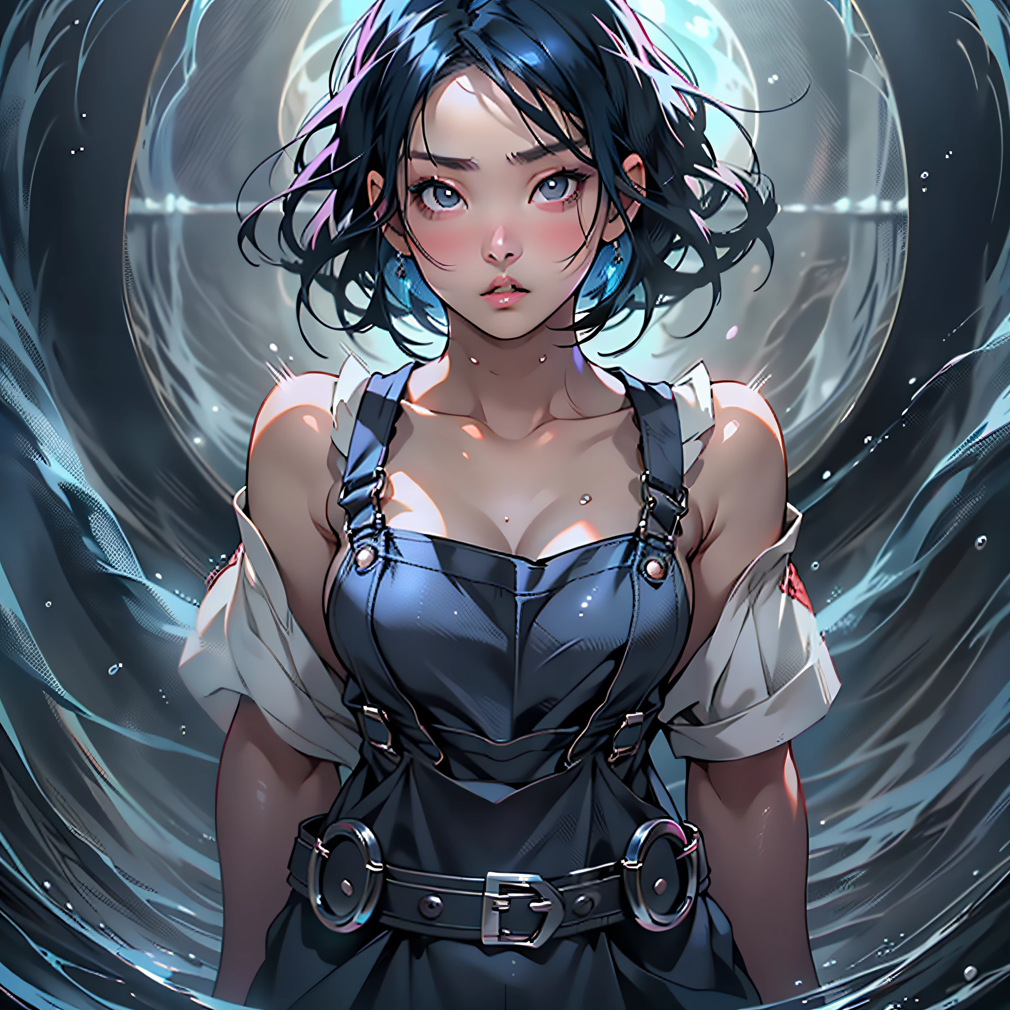 A Cute Girl with white skin, sexy body, size (small), chubby, short hair (up to the shoulders) and black, blue hair tones [bright], curious look, bbwchan, black clothing (overalls), round face, anime style, with mirrors around, water powers, anime style, realistic lighting, Radiosity, Close Up
