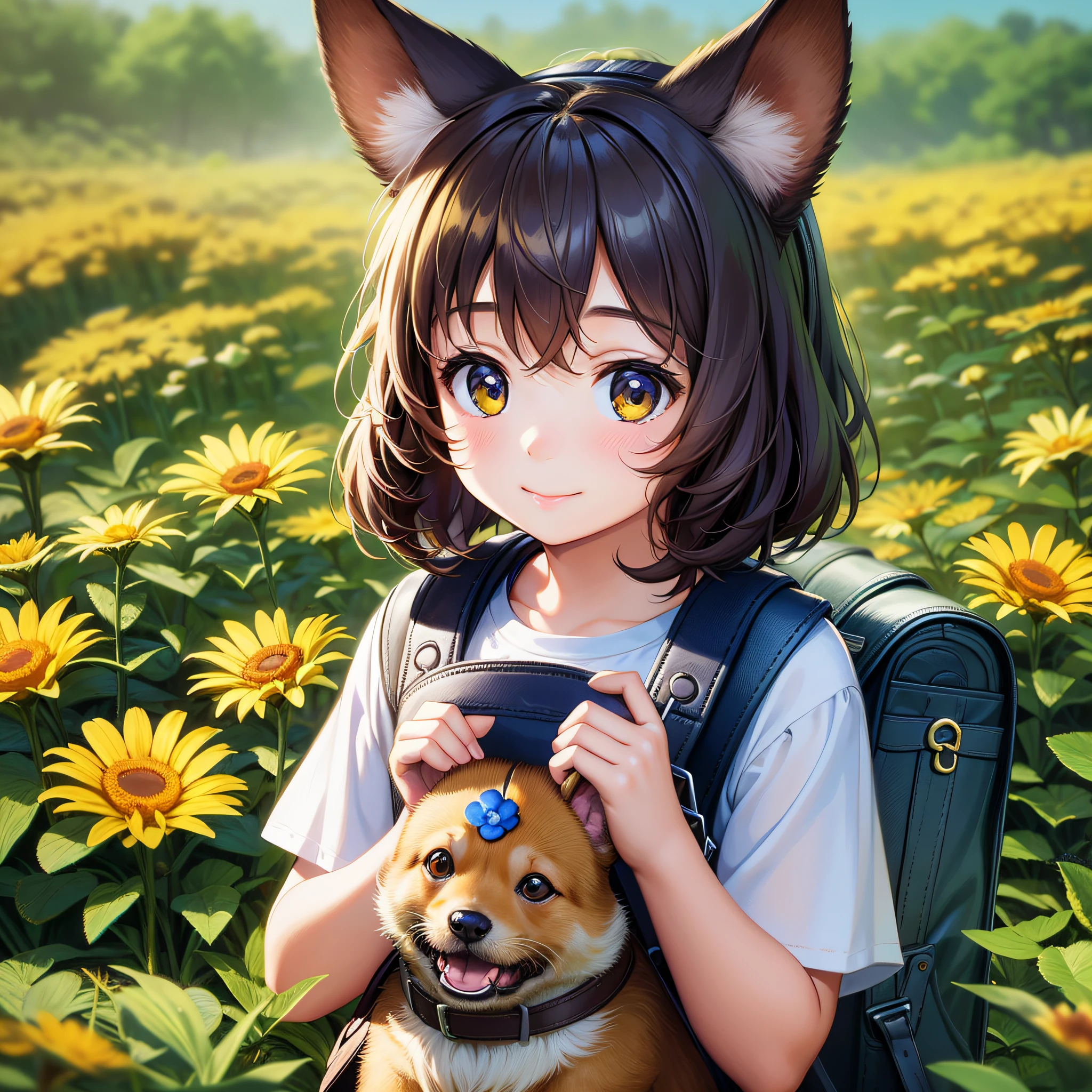 Tip: A very charming little girl with a backpack and her cute puppy enjoying a lovely spring outing surrounded by beautiful yellow flowers and nature. The illustration is a high-definition illustration in 4k resolution, featuring highly detailed facial features and cartoon-style visuals. --auto --s2