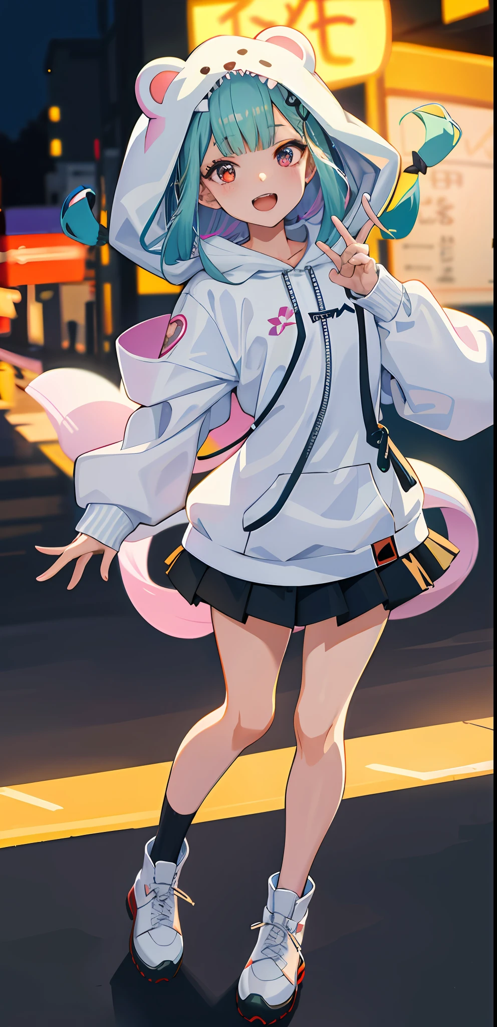 masterpiece, high quality, highres, absurdres, ultra-detailed, detailed eyes, 8k, ti-emb_kobo-kanaeru, 1girl, colorful eyes, fangs, open mouth, bangs, colorful background, looking at viewer, vibrant, contrast,2d, masterpiece, best quality, anime, highly detailed face, highly detailed eyes, highly detailed background, perfect lighting, full body, 1girl, solo, rushia_hoodie, green hair, long hair, white hoodie, miniskirt, standing, dynamic pose, smile, japanese town, street