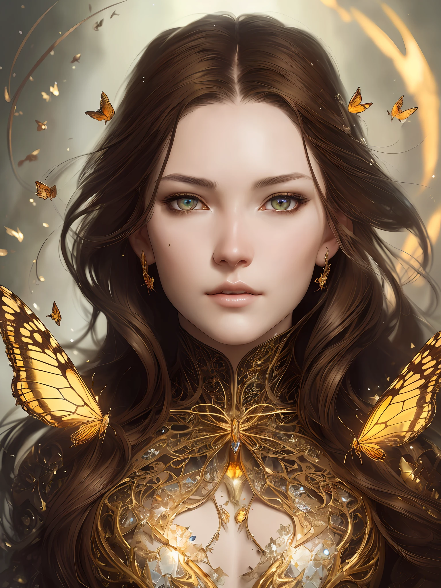 8k portrait of beautiful cyborg with brown hair, intricate, elegant, highly detailed, majestic, digital photography, art by artgerm and ruan jia and greg rutkowski surreal painting gold butterfly filigree, broken glass, (masterpiece, sidelighting, finely detailed beautiful eyes:1.2), hdr,