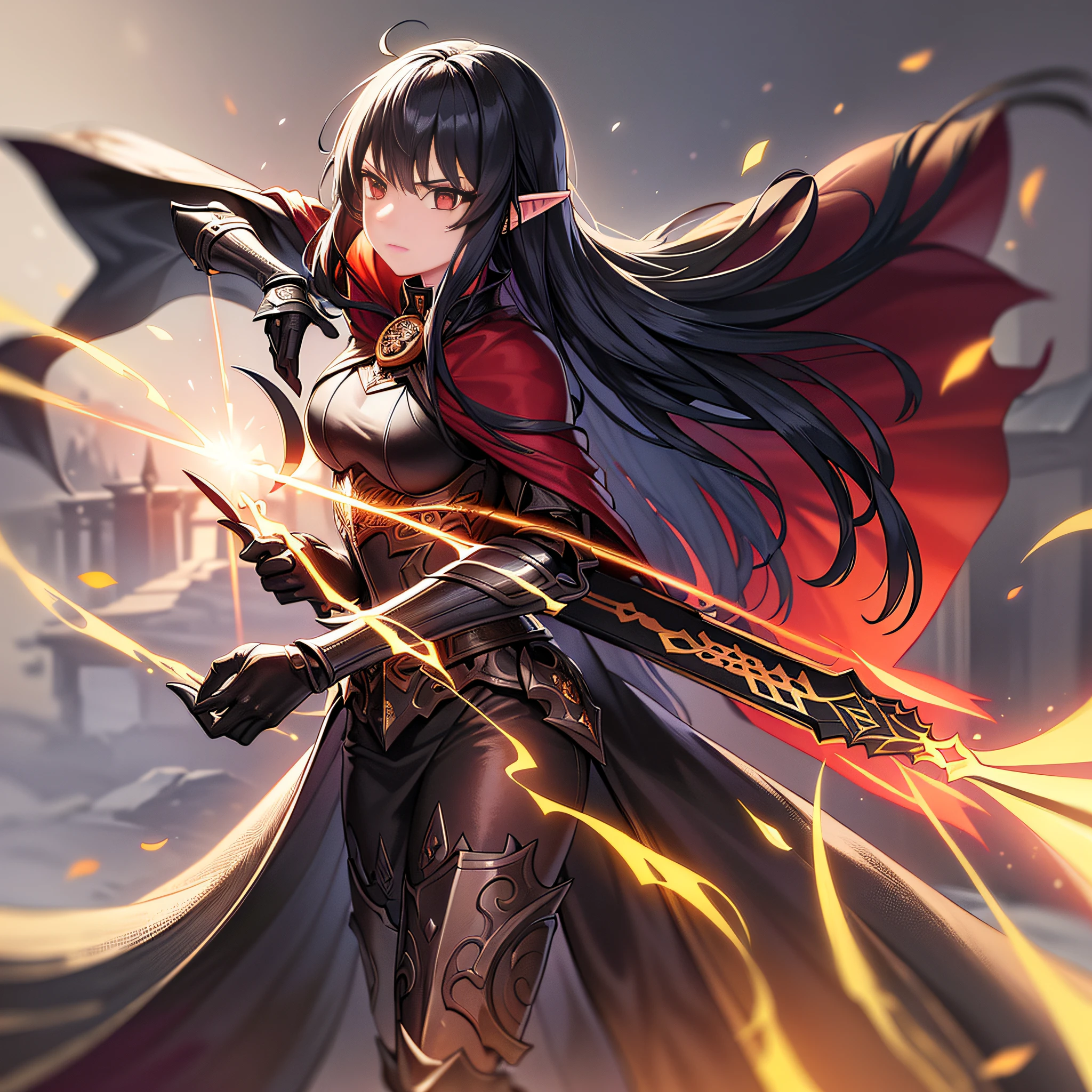 (an amazing illustration of a) medieval elf girl warrior (with breathtaking detail and quality),(long black hair, red eyes),(black armor and cape that seem to absorb all the light, enhancing her mysteriousness),(carrying a black shield that is emblazoned with a symbol of strength),(gripping a sword with confidence in her hand, ready for battle).(注意: 括号内的文字可以根据需要增加或删除)