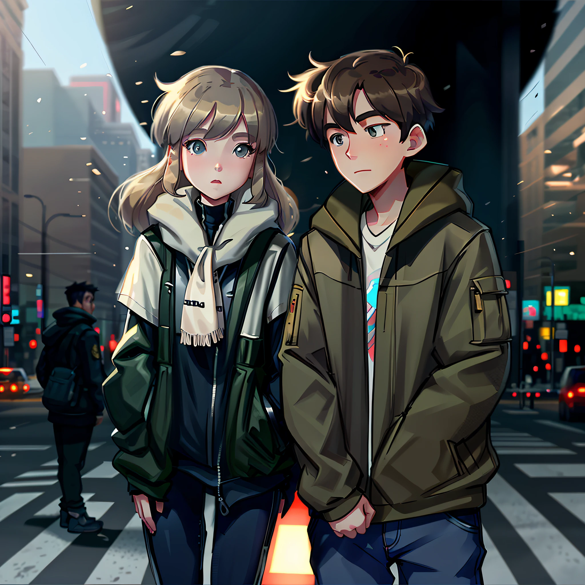 A girl and a boy Face to face at the crosswalk, anime style, cinematic soft lighting glow effect