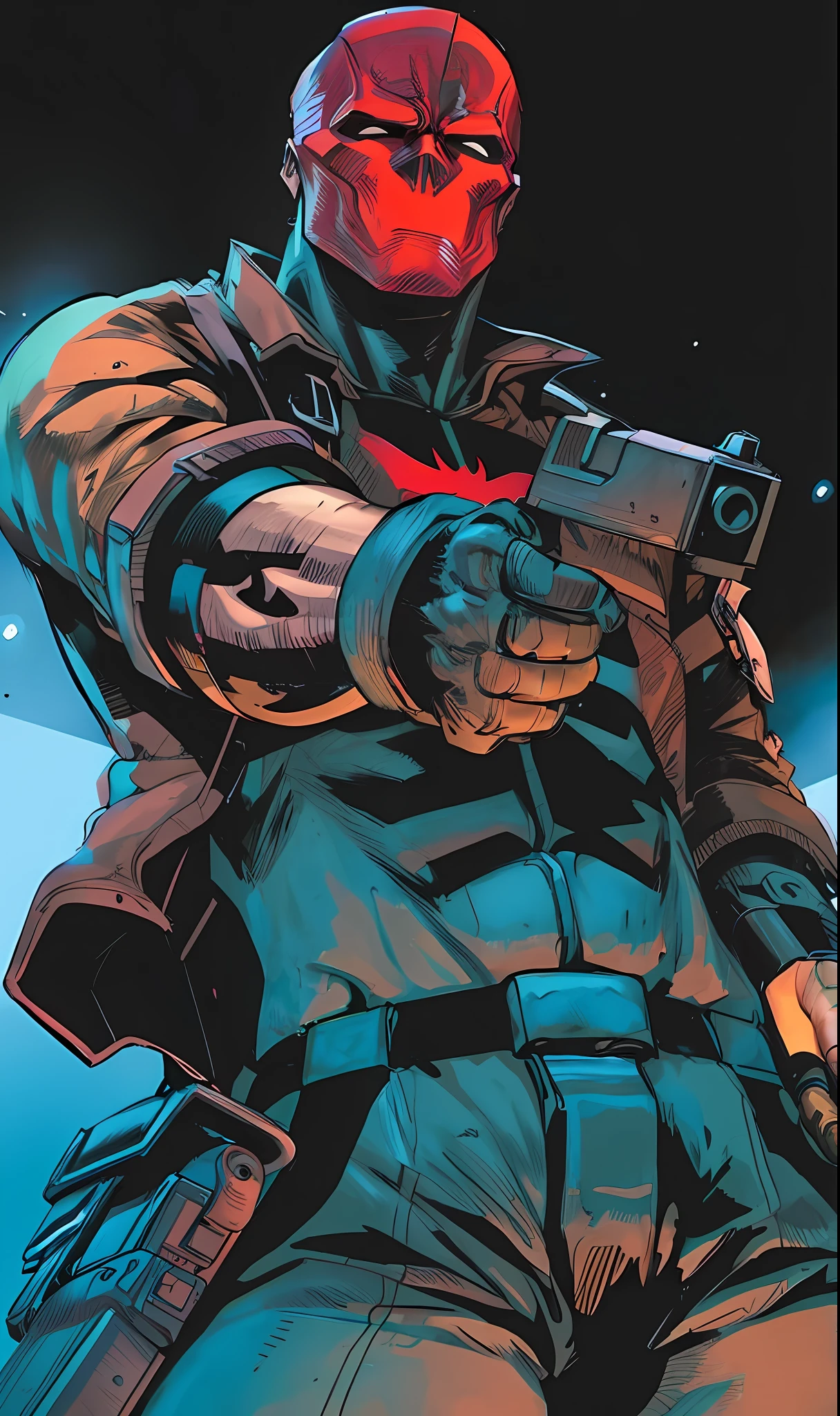 a man in a red mask holding a gun, red chest symbol, red skull, Red hood (DC comics character), red hood cosplay, greg tocchini, travis charest style, inspired by Howard Chaykin, jason fabok, travis charest, jason fabok. Greg Staples, Batman with guns, Neal Adams | Dark, Neal Adams | Centered, Josan Gonzales, Frank Miller Style