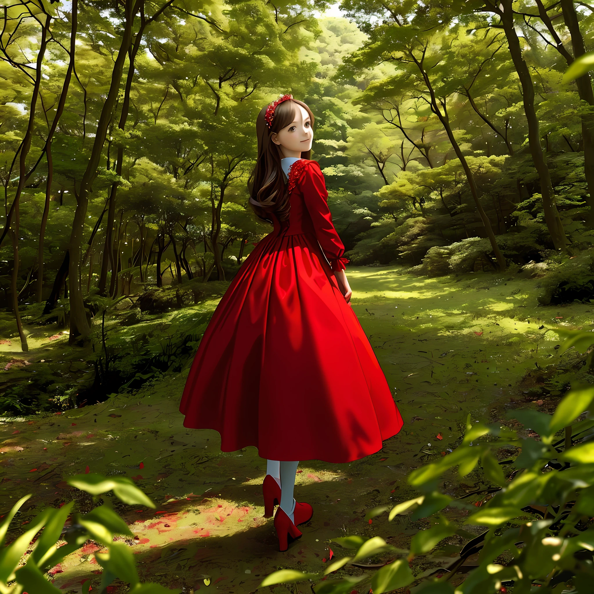 A child princess in a red dress in a forest with a castle in the background