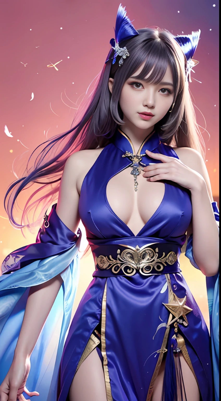 (Masterpiece, Top Quality, Best Quality, Ultimate Detail, Supreme Detail, Official Art, Beauty and Aesthetics: 1.2), Bare Thighs, Bare Pubic Hair, Color, Denim Shot, Upper Body Shot, Beautiful Face, Solo, Perfect Figure, Flying in the Sky, Portrait of a Girl, Silver Gradient Hair, Brunette Hair, Fairy, Flowing Streamers, (Sexy, Show As, Show Tits: 10), Sun rays, Clouds, Hanfu, Chinese clothes, water, fireflies, night, starry sky, jewelry, feathers on dress, peacock feathers, light particles, volumetric illumination, ray tracing (flowing streamers: 1.1), (fantasy: 1.2), illuminator, stars, fantasy, high contrast, ink strokes, overexposure, purple and red tone impressions, abstract, (watercolor paintings by Berkey and Jerememan)) brush strokes,