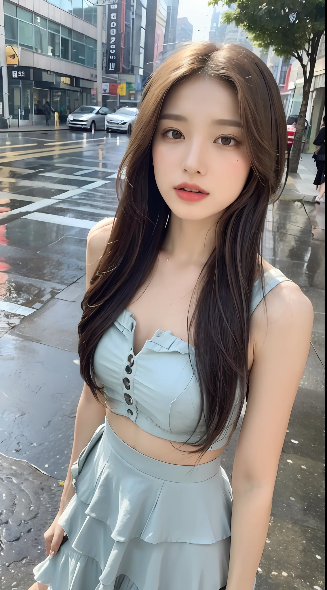 ((Best Quality, 8k, Masterpiece: 1.3)), Focus: 1.2, Perfect Body Beauty: 1.4, Buttocks: 1.2, ((Layered Haircut, Flat Chest: 1.2)), (Rain, Street:1.3), Bandeau Dress: 1.1, Highly Detailed Face and Skin Texture, Fine Eyes, Double Eyelids, Whitened Skin, Long Hair, (Shut Up: 1.3), Full Body