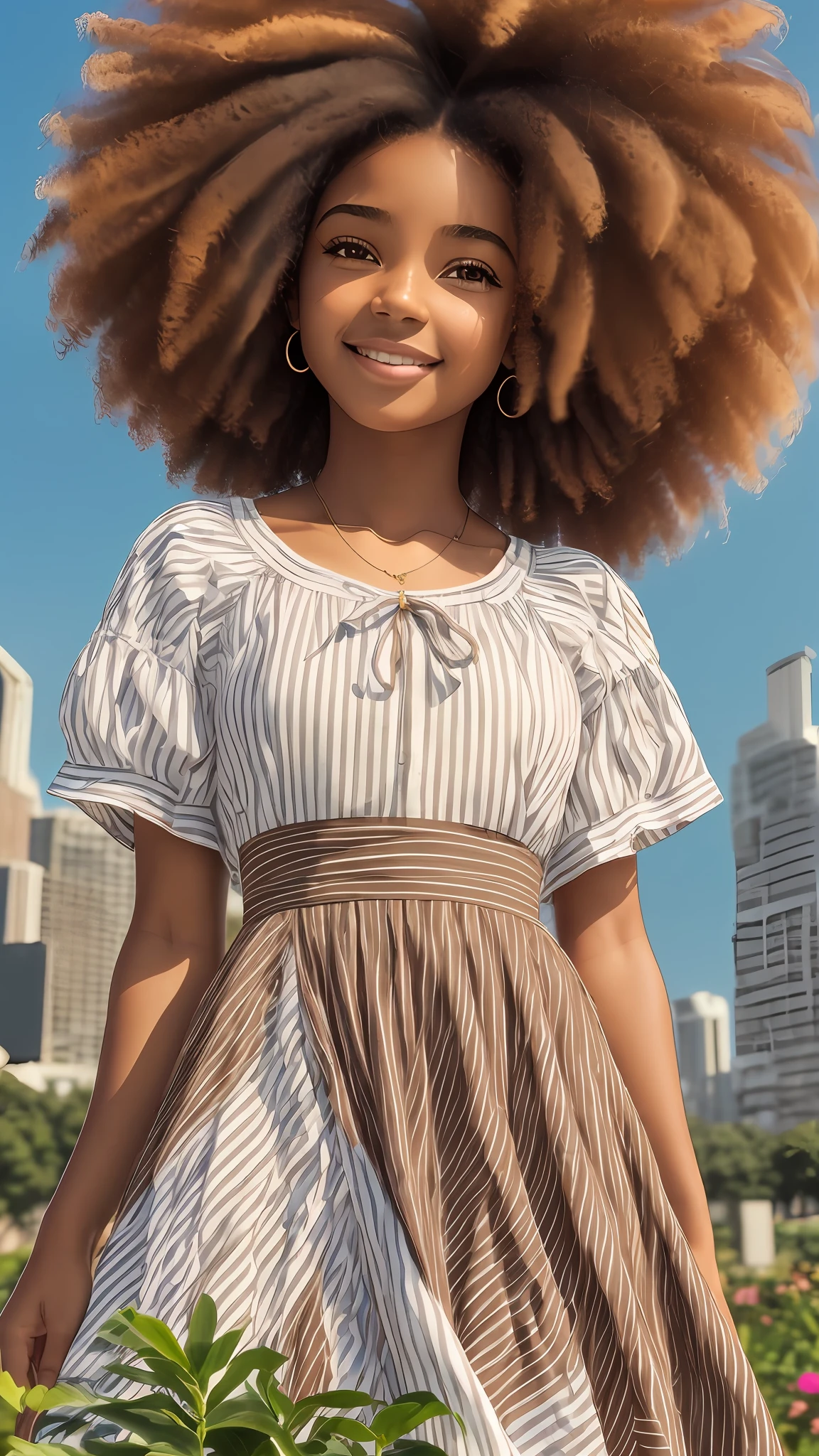 3D a is pele morena escura, (((solo))), telegram sticker, no parque sentada na árvore, creating a soft, long dress female, (((retrato realismo))), (girl afro-americana) (((brown hair))), (((close-up afeições faciais detalhadas: 1.15))), (((cabelos mega hair))), freedom, profile image, standing confidently, she is the center of the garden, smiling face, listing image, 8k, dreams --auto --s2