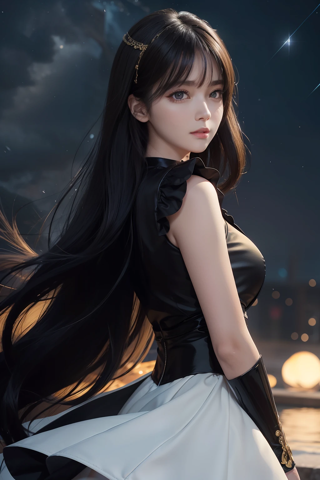 Pixiv artwork, handsome girl, goose egg face, big eyes, long eyelashes, bangs, cool handsome, domineering, exquisite (life-life realistic style), extreme face, photorealistic light and shadow, starry eyes, draped in scattered black long hair and waist, (flowing hair) shiny jewelry, (black starry sky background), upper body background, wearing a sparkling yellow skirt, breasts, swan neck, looking back, beautiful, extremely high quality, cinematic graphics, high quality CG, 8K resolution. smile