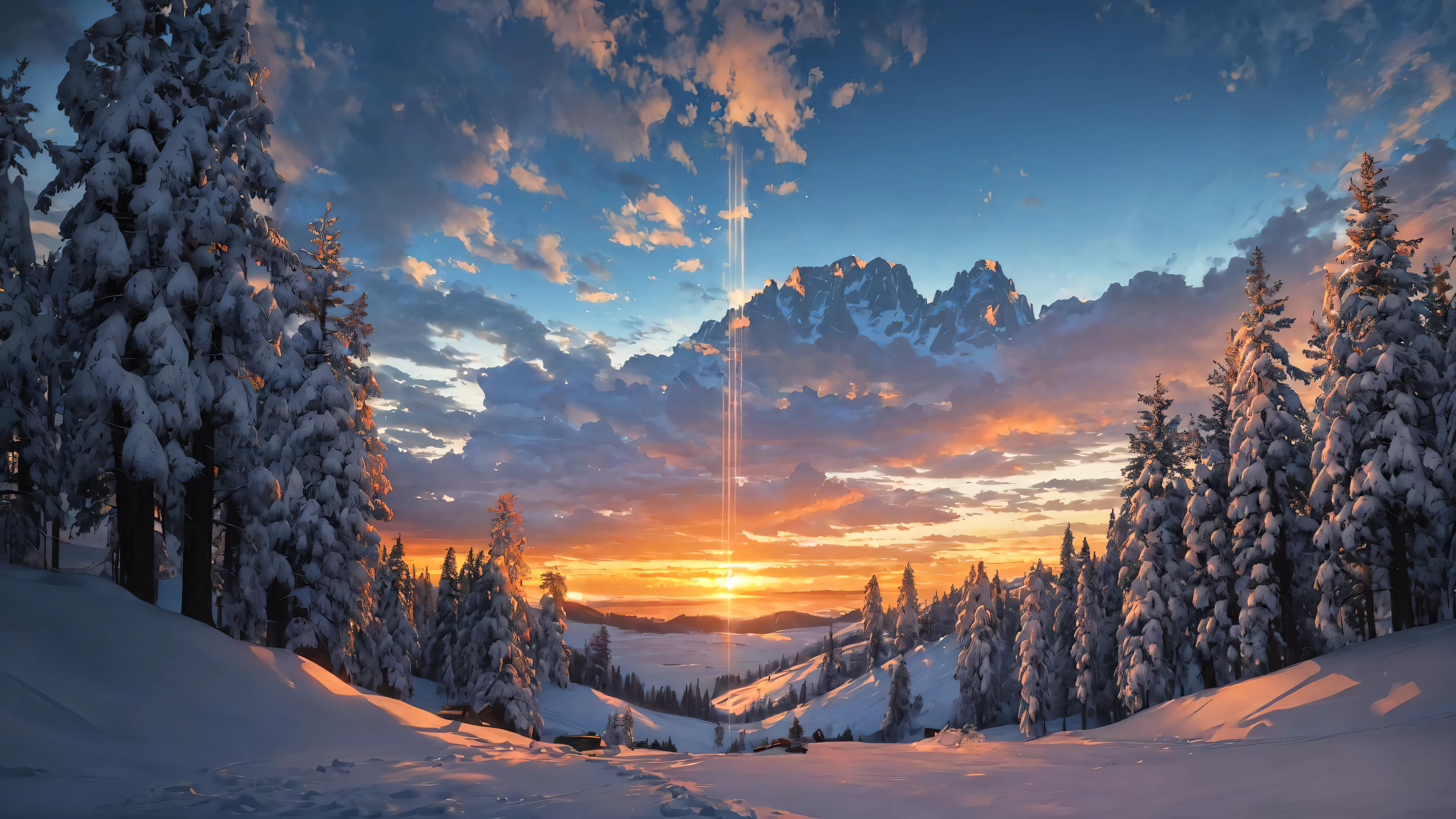 (masterpiece, best quality:1.2), ultra detailed, cinematic lighting, HDR, ilustration,  sunrise, snow mountain, impressive, chill, inspirational,