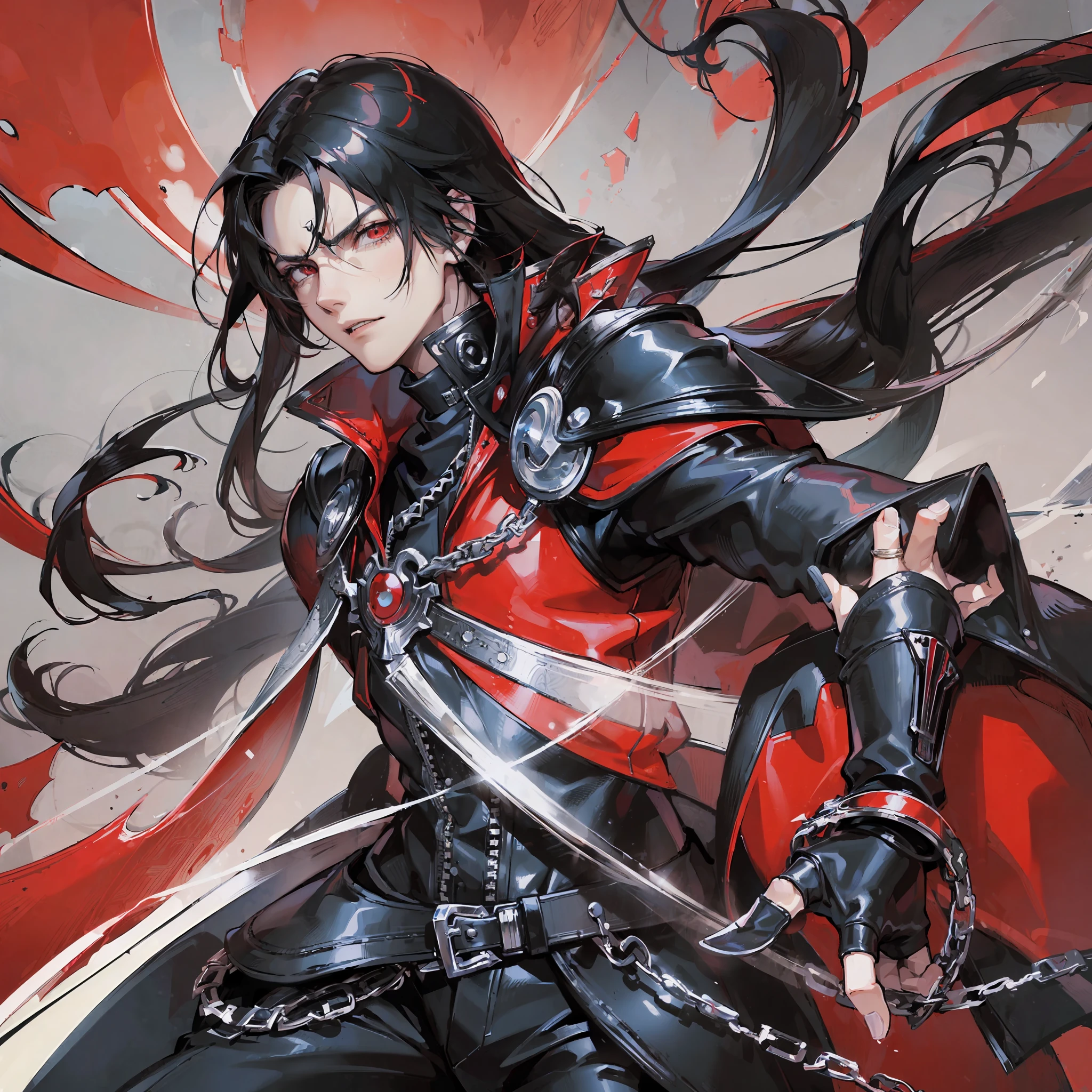 (((Final Fantasy, Vincent Valentine)),detailed face attractive man long black hair, anime character with red cape and zippers, turtleneck, 4k manga wallpaper, badass anime 8k, tetsuya nomura style, epic anime style, gold metal bracelet, with claws, shigenori soejima illustration, alucard, berserk style, inspired by Kawabata Ryūshi, futuristic tetsuo