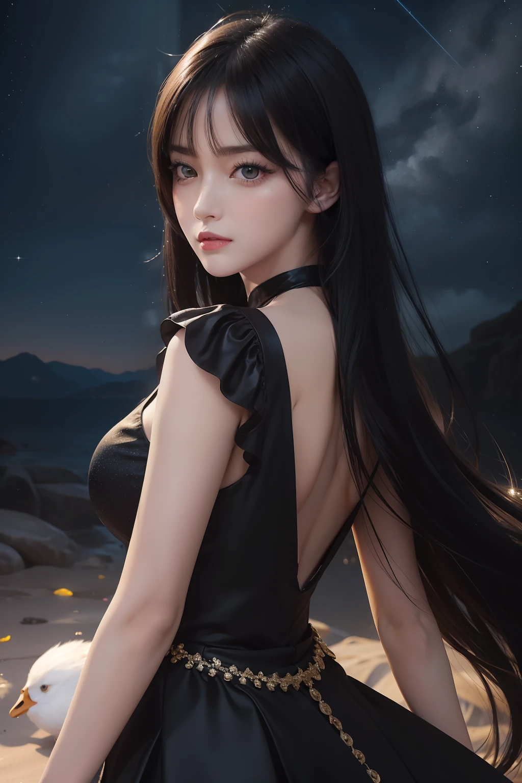 Pixiv artwork, handsome girl, goose egg face, big eyes, long eyelashes, bangs, cool handsome, domineering, exquisite (life-life realistic style), extreme face, photorealistic light and shadow, starry eyes, draped in scattered black long hair and waist, (flowing hair) shiny jewelry, (black starry sky background), upper body background, wearing a sparkling yellow skirt, breasts, swan neck, looking back, beautiful, extremely high quality, cinematic graphics, high quality CG, 8K resolution. smile