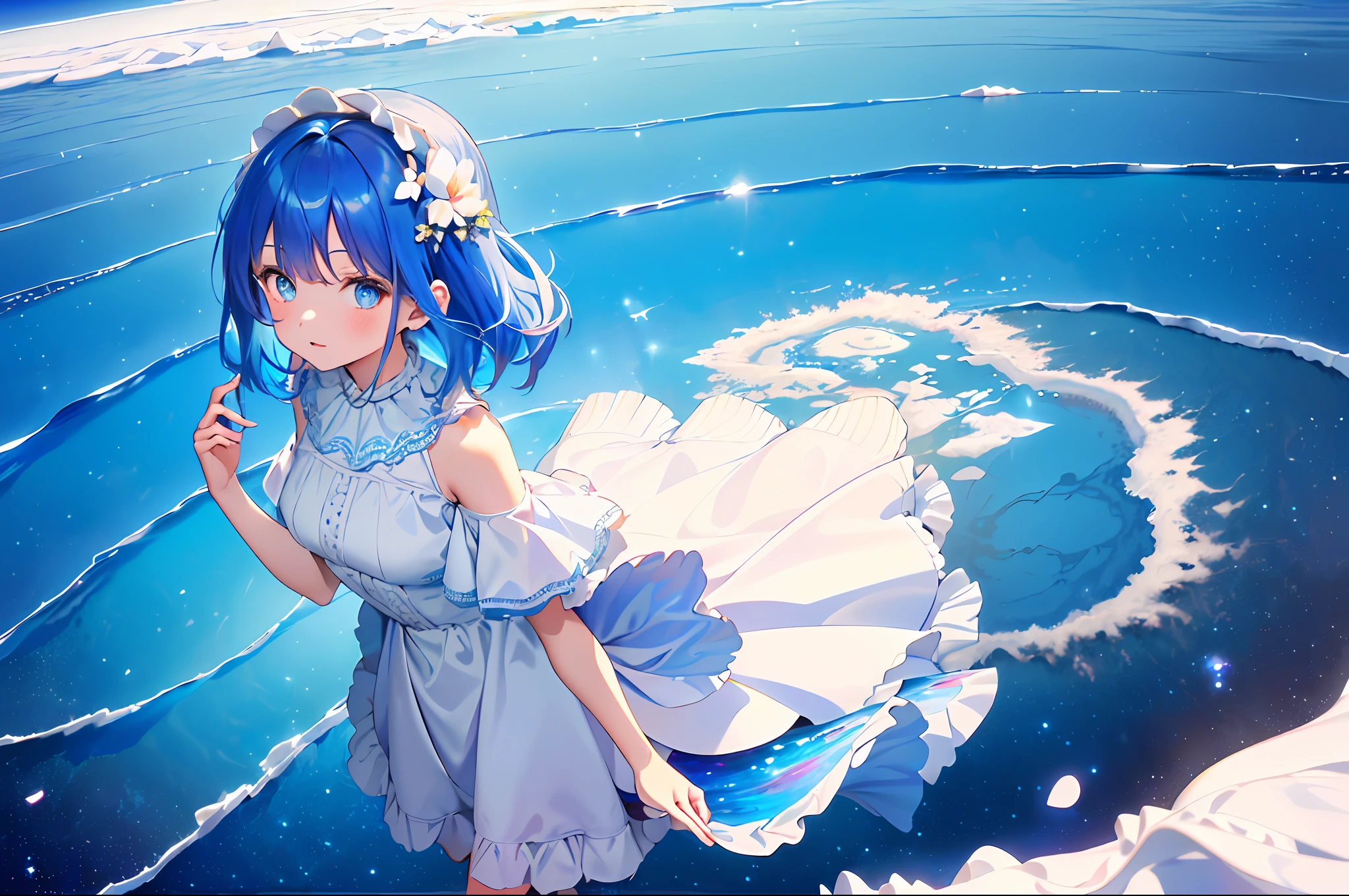 absurdres, highres, (official art, beautiful and aesthetic:1.2), (near vision:1.15), (1girl, blue hair, medium hair, blue eyes, bright eyes, long white dress, blue ruffle,:1.2) blue sky, Shimmering Galaxy, (Salar de Uyuni:1.2), (fractal art:0.8), water effects, ripple effects, (flower effects: 0.65), light effects,