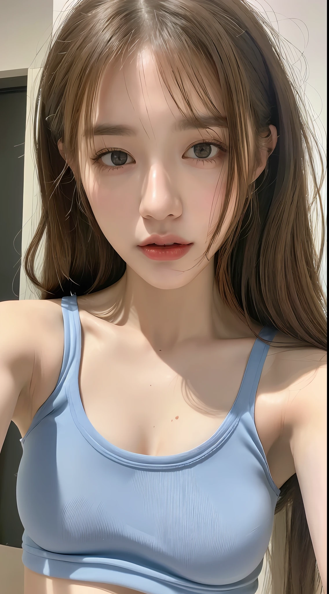 ((Best quality, 8k, Masterpiece :1.3)), 1girl, Pretty woman with emphasizing slender abs :1.3, (random hairstyles :1.2), Oversized tank top :1.2, Ultra-detailed face, Detailed eyes, Double eyelid